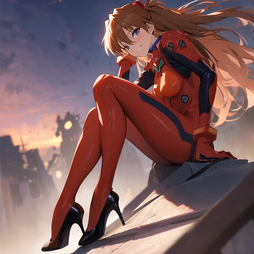 (masterpiece), Best quality expressive eyes, Perfect face, 1 Girl, Solitary, Soryu Asuka Rangra, Interface Headset, wearing a Full red EVA pilot's combat suit, high heels on her Feet, permanent, smile,outdoor, Giant creatures in the background, Sufficient background lighting, portrait, Slim figure,Long Legs, Long hair, big ass, Hair shaking, Show your butt, Super Detail, [From the back