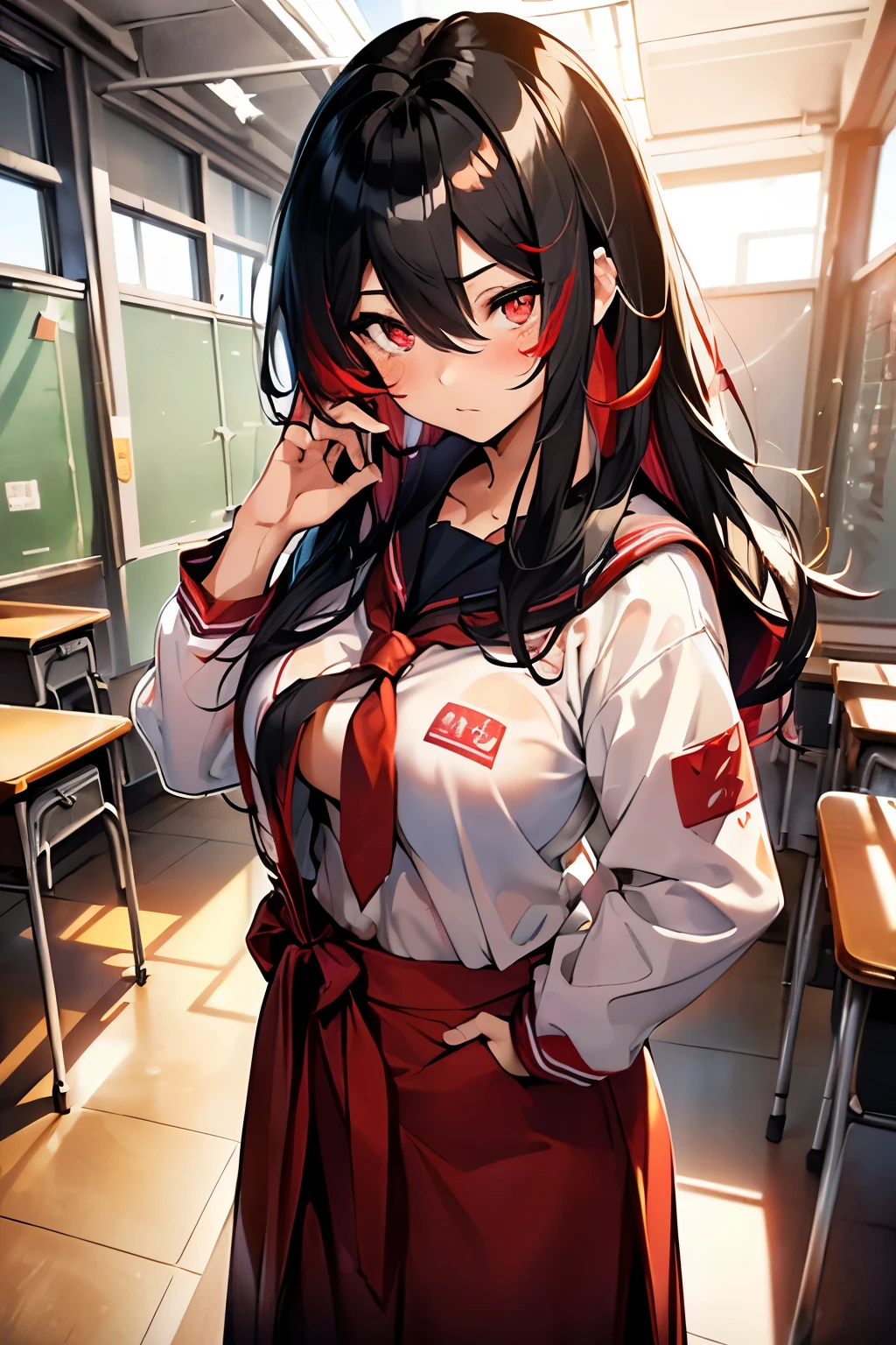 bbyorf, short hair with long locks, white hairband, ((red eyes:1.5)), gold earrings,
BREAK (school uniform, white shirt, brown vest, long sleeves, red necktie, pleated skirt, black skirt, white thighhighs, loafers:1.2),
BREAK arms up,armpit, sweating,
BREAK (masterpiece:1.2), best quality, high resolution,NSW ,unity 8k wallpaper, (illustration:0.8), (beautiful detailed eyes:1.6), extremely detailed face, perfect lighting, extremely detailed CG, (perfect hands, perfect anatomy),