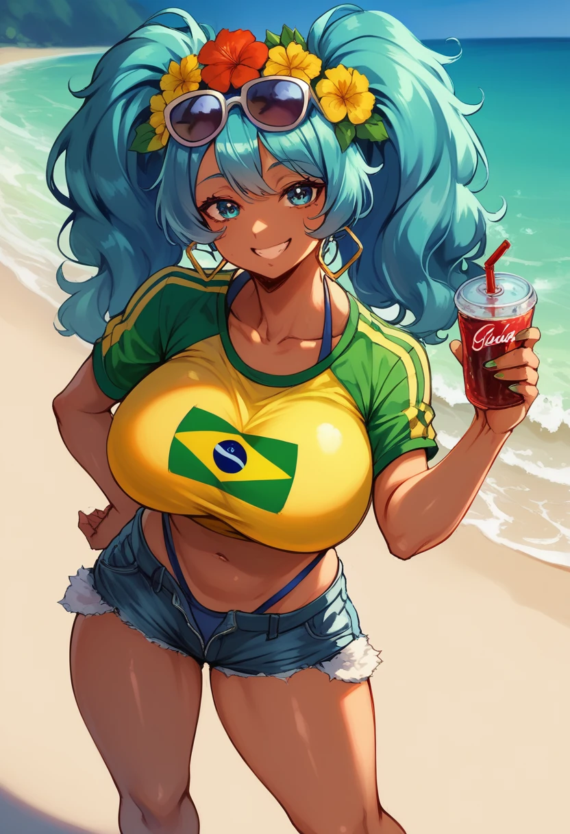 Brazilian Miku, dark skin, Brazilian sportswear, blue big twin ponytails, Super huge big breasts breast enlargement, standing alone on the beach with blue eyes, floral headdress, sunglasses on forehead, holding Brazilian soda in hand, tanned denim shorts, full-body shot, shy smile, ultra-detailed, HDR, vibrant colors, soft lighting shot