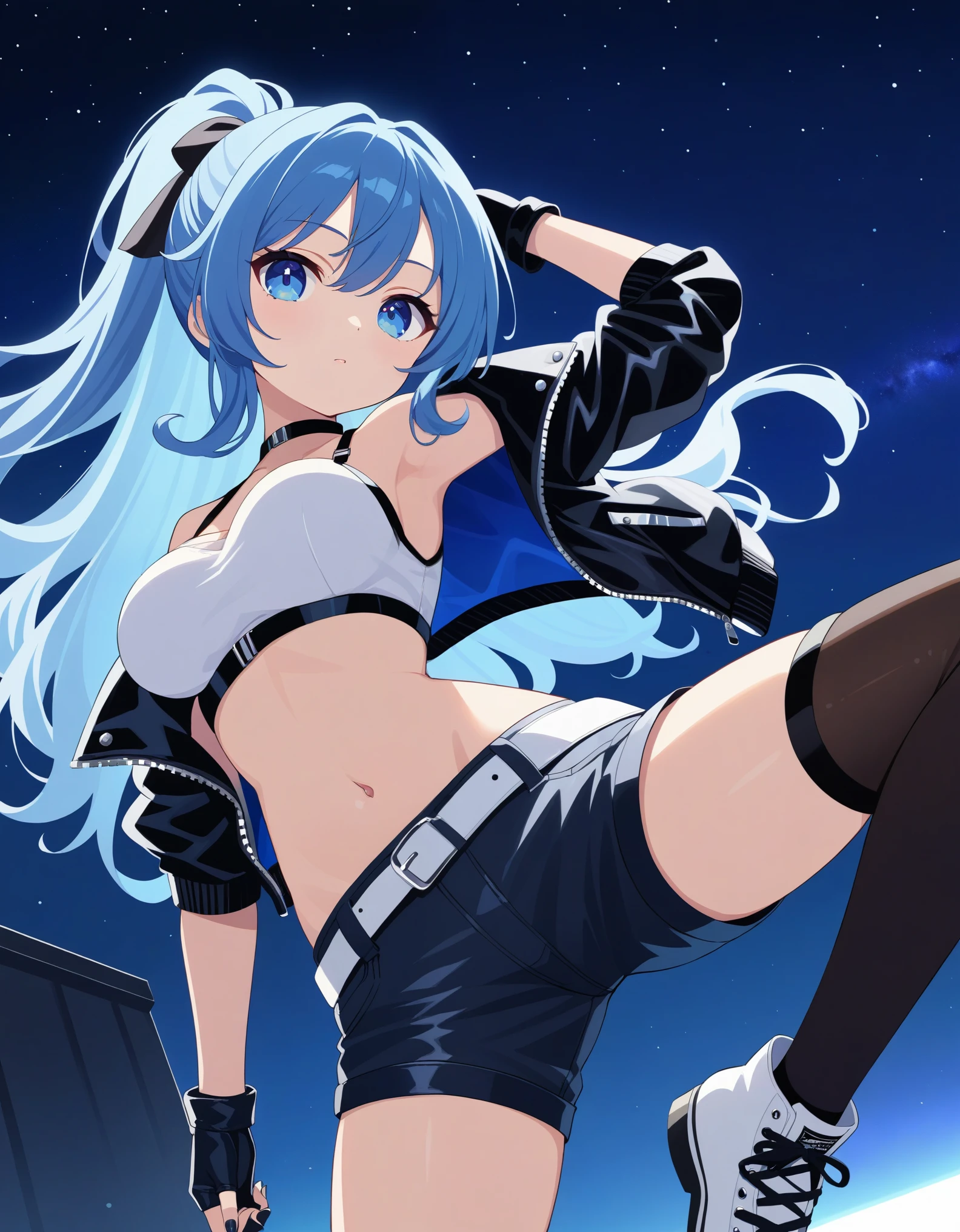 masterpiece, best quality, night, night sky, 1woman, blue hair, long hair, wavy hair, sidelocks, ponytail, blue eyes, medium breasts, white crop top, leather jacket, fingerless gloves, black nails, black legwear, converse, piercing, short shorts, arms behind head, (cowboy shot), woman, anime, masterpiece, best quality, ultra detailed eyes, high-detailed, BREAK,