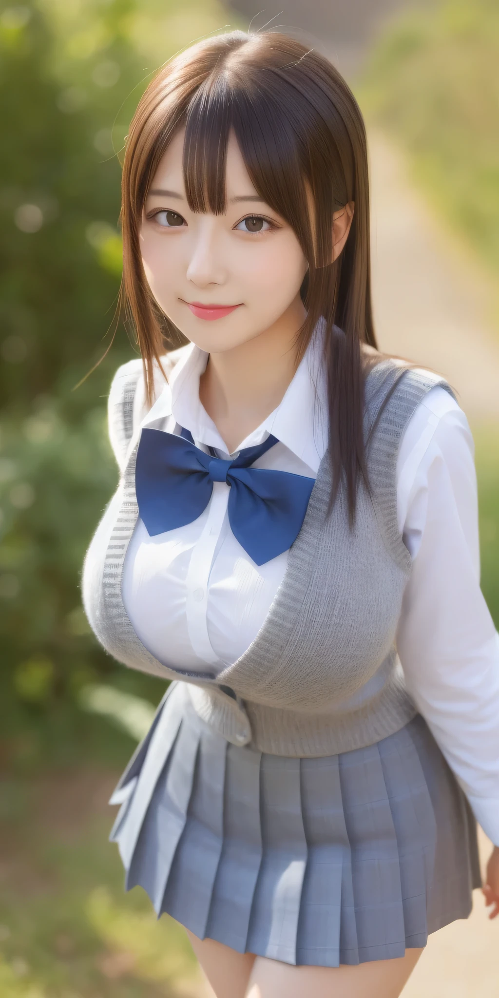 Extremely cute face, Above Orihime, Huge breasts bigger than her face:1.65, standing, Alone, School_Uniform_white_shirt_red_Bowtie_gray_mini skirt__sweater_vest, masterpiece, Best Quality, Detailed face, Detailed eyes, High resolution,Black Hair