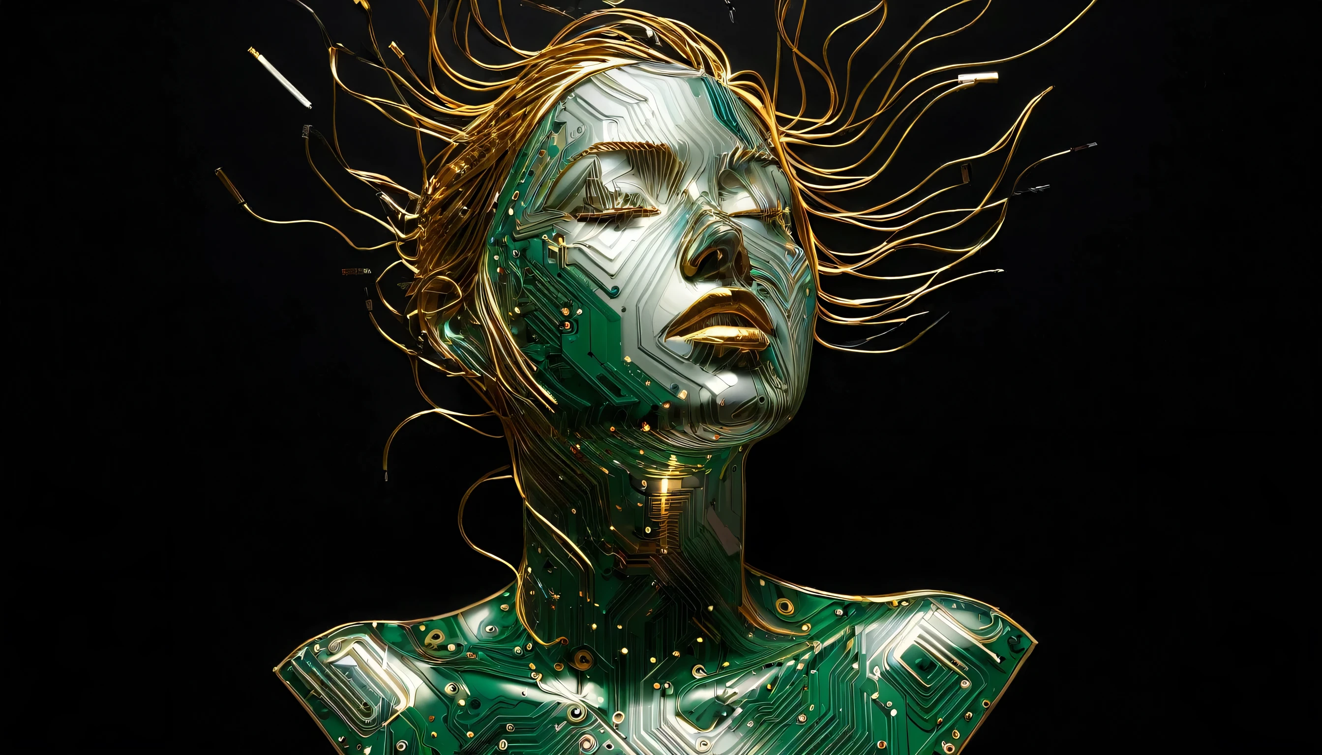 Intricate painting of an exploded female bust made from circuit boards, Behance contest winners, vanity, angle, gold medal_flash 。Glowing lines,Dark Background
