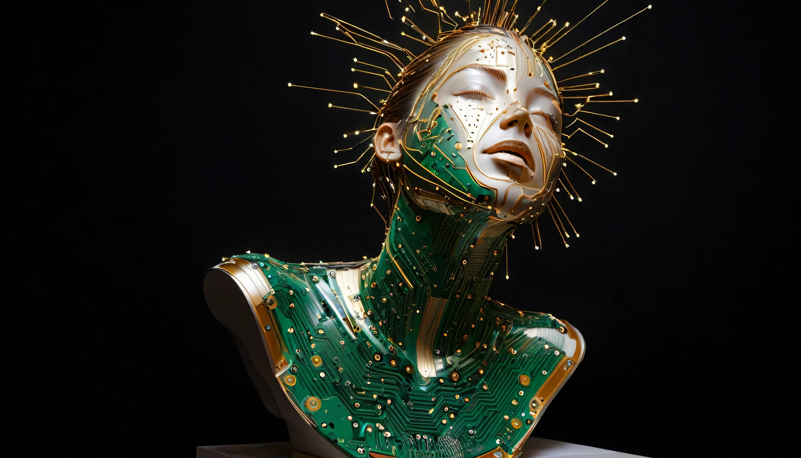 Intricate painting of an exploded female bust made from circuit boards, Behance contest winners, vanity, angle, gold medal_flash  。Glowing lines，Dark Background