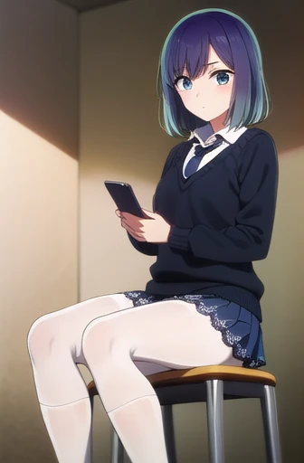 Beautiful lighting, One Girl, solo, Akane, White shirt, (((skirt))),Sweater vest, Black vest, Blue tie, ((Anime Style))、((2D))、Laughter、Open your mouth、Look forward,((Cotton panties with crotch)),(((skirtめくり, I can see your pants))),squat,From below,squat,squat,blush,