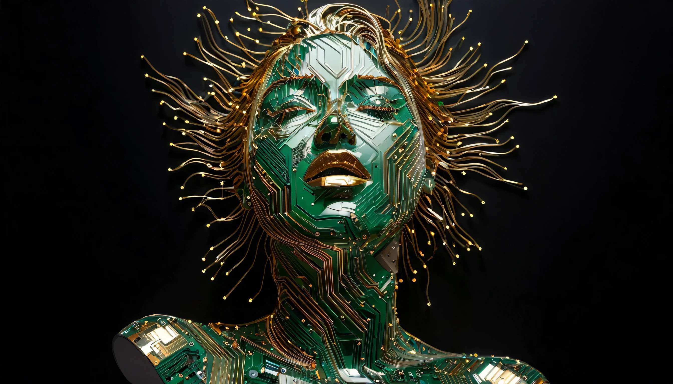 Intricate painting of an exploded female bust made from circuit boards, Behance contest winners, vanity, angle, gold medal_flash  。Glowing lines，Dark Background