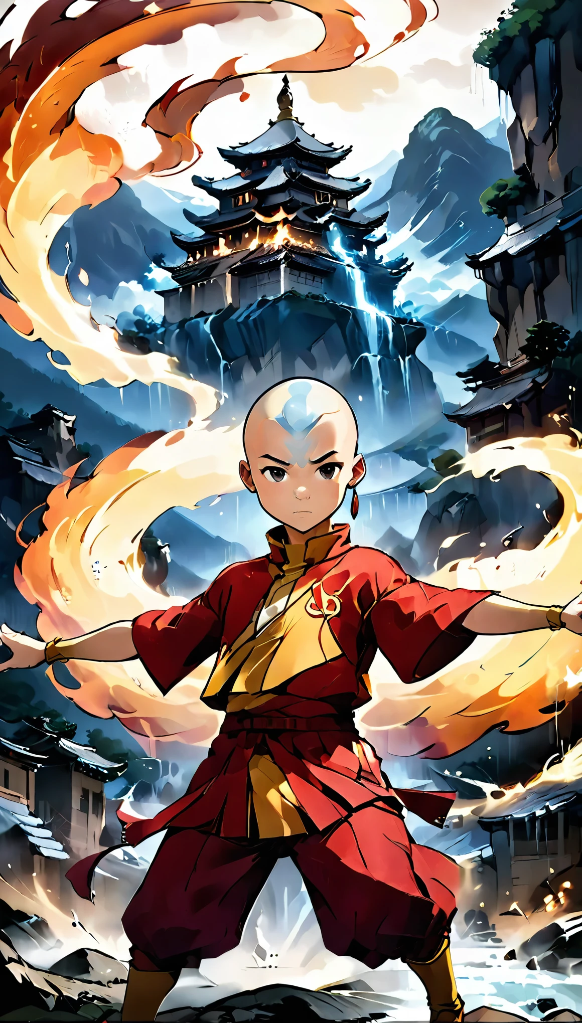 ¡Aang:1.3, fight against Fire Lord Ozai! 🔥 | Final battle | avatar: The Legend of Aang:1.5, Anime style, chiaroscuro, depth of field, Film grain, UHD, Masterpiece, Anatomically correct, textured skin,