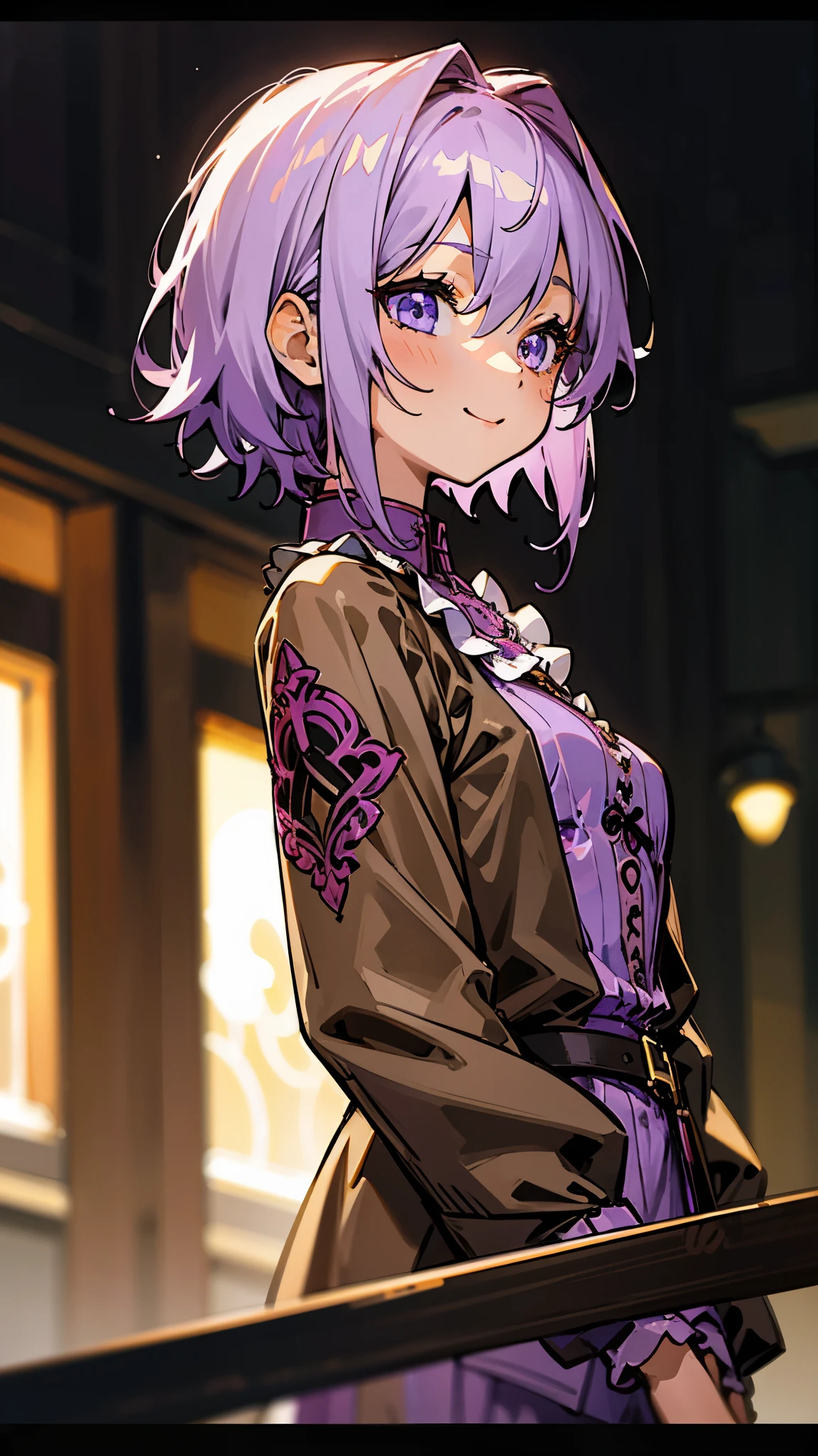 One Girl、8k、Sharp Focus、(Bokeh) (Best Quality) (Detailed skin:1.3) (Intricate details) (anime)、Upper body close-up、From the side、Natural proportions、smile、White skin、Small breasts、Light purple hair、Short Hair、Hair between the eyes、Beautiful purple eyes、Brown jacket、(Long sleeve blouse)、Frilled blouse、Morning cafe terrace、Background blur、Write boundary depth