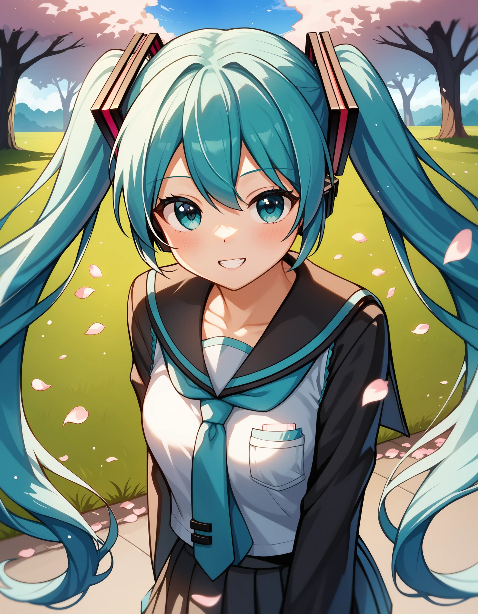 score_9,score_8_up,score_7_up,source_anime,masterpiece,best_quality,absurdres,highres, aesthetic, ray tracing, close-up,
1girl,cute_face,slender body,petite body,fair_skin,shiny hair,seductive posture,
hatsune_miku,school_uniform,serafuku,
outdoors,sakura,falling_petals,