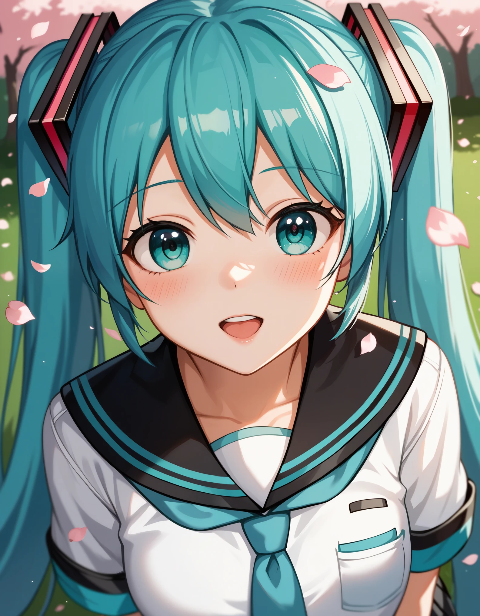 score_9,score_8_up,score_7_up,source_anime,masterpiece,best_quality,absurdres,highres, aesthetic, ray tracing, close-up,
1girl,cute_face,slender body,petite body,fair_skin,shiny hair,seductive posture,
hatsune_miku,school_uniform,serafuku,
outdoors,sakura,falling_petals,