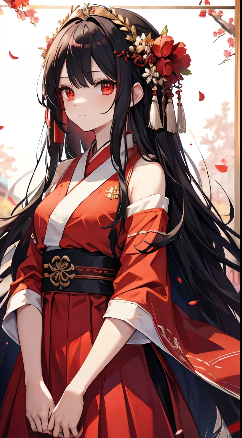 Black Hair，Red eyes，Ancient hair accessories，Long hair，Red Hanfu long skirt，Brown petals，Queen&#39;Dress，Medium bust size，Ban Jieyu（Three Kingdoms），Big breasts，Palace Background