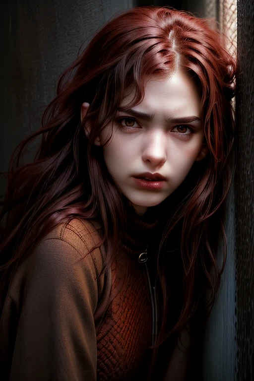 Sexy adult woman vampire, 26 years old, curly rulos hair color red, red Short fringe above the eyebrow, tanned skin, big brown red eyes with brown eyelashes, crimson lips with Vampire fangs,leaning on a wall, dark environment , Wearing red clothes