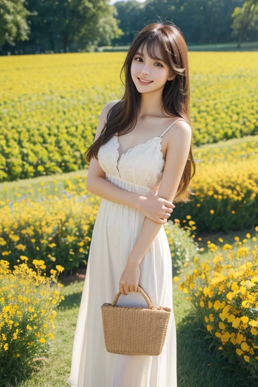 The beautiful girl in the dream, the plain white dress with the straw hat she wore, her innocent and beautiful face, her eyes shining brown, and her brown hair flowing in the wind, Holding a Lily flower.