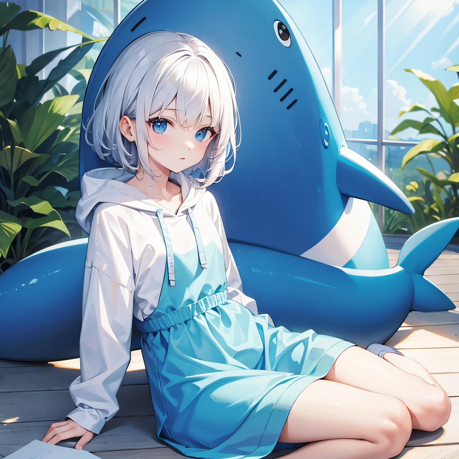 Best quality, Clear, Beautiful, absurd, A girl wearing a shark-themed costume, Neutral, Sitting on the floor, looking at the audience, Short hair, curly, White hair, Blue Eyes, [Open your eyes, Keep your eyes open, Pale skin, hoodie, Toddler, White background, Soft Edges, Blue tint, Low saturation colors, Light, Blue and White, Watercolor feeling, sketch