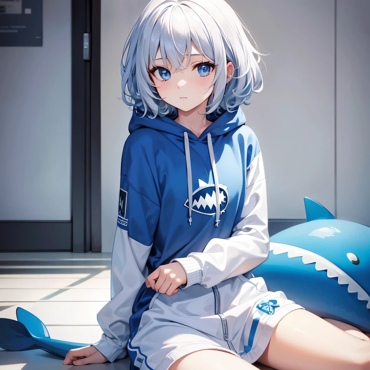 Best quality, Clear, Beautiful, absurd, A girl wearing a shark-themed costume, Neutral, Sitting on the floor, looking at the audience, Short hair, curly, White hair, Blue Eyes, [Open your eyes, Keep your eyes open, Pale skin, hoodie, Toddler, White background, Soft Edges, Blue tint, Low saturation colors, Light, Blue and White, Watercolor feeling, sketch