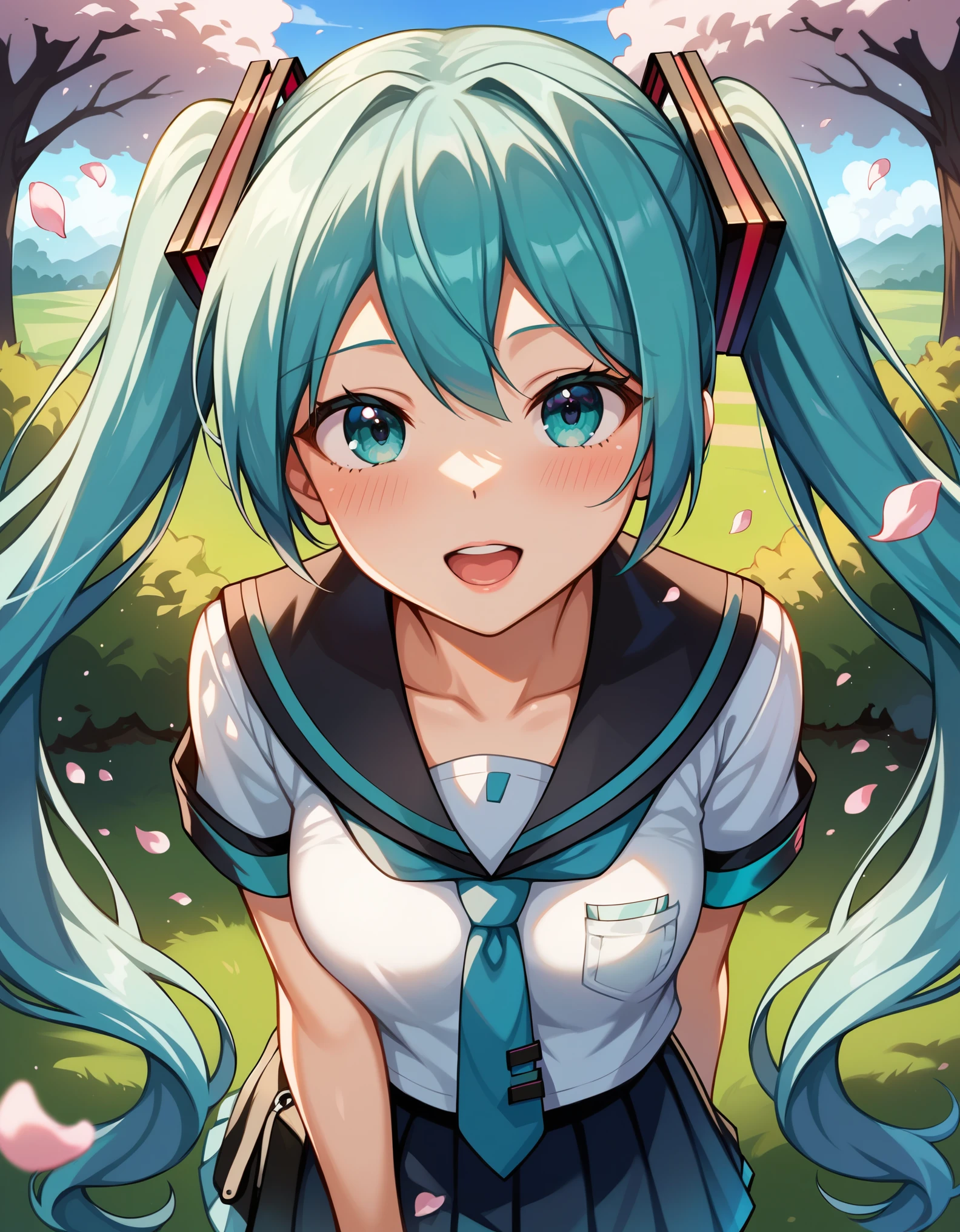 score_9,score_8_up,score_7_up,source_anime,masterpiece,best_quality,absurdres,highres, aesthetic, ray tracing, close-up, 1girl,cute_face,slender body,petite body,fair_skin,shiny hair,seductive posture, hatsune_miku,school_uniform,serafuku, outdoors,sakura,falling_petals,