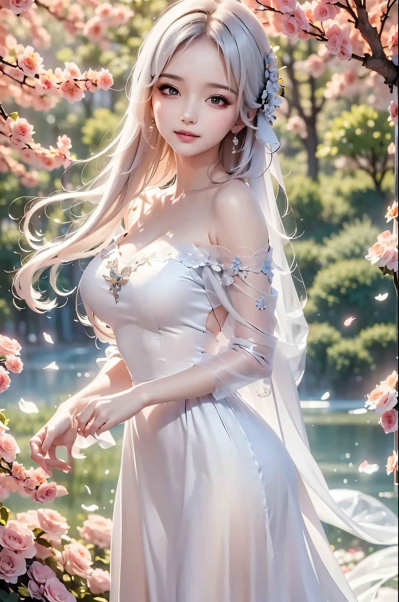 ((masterpiece:1.5、best quality, Very detailed、Realistic))(flower back ground, fantasic composition)1girl, sweet girl, evening dress, off shoulder, full body, medium breasts, white hair, beautiful, Light shines in、Anti-aliasing effect
