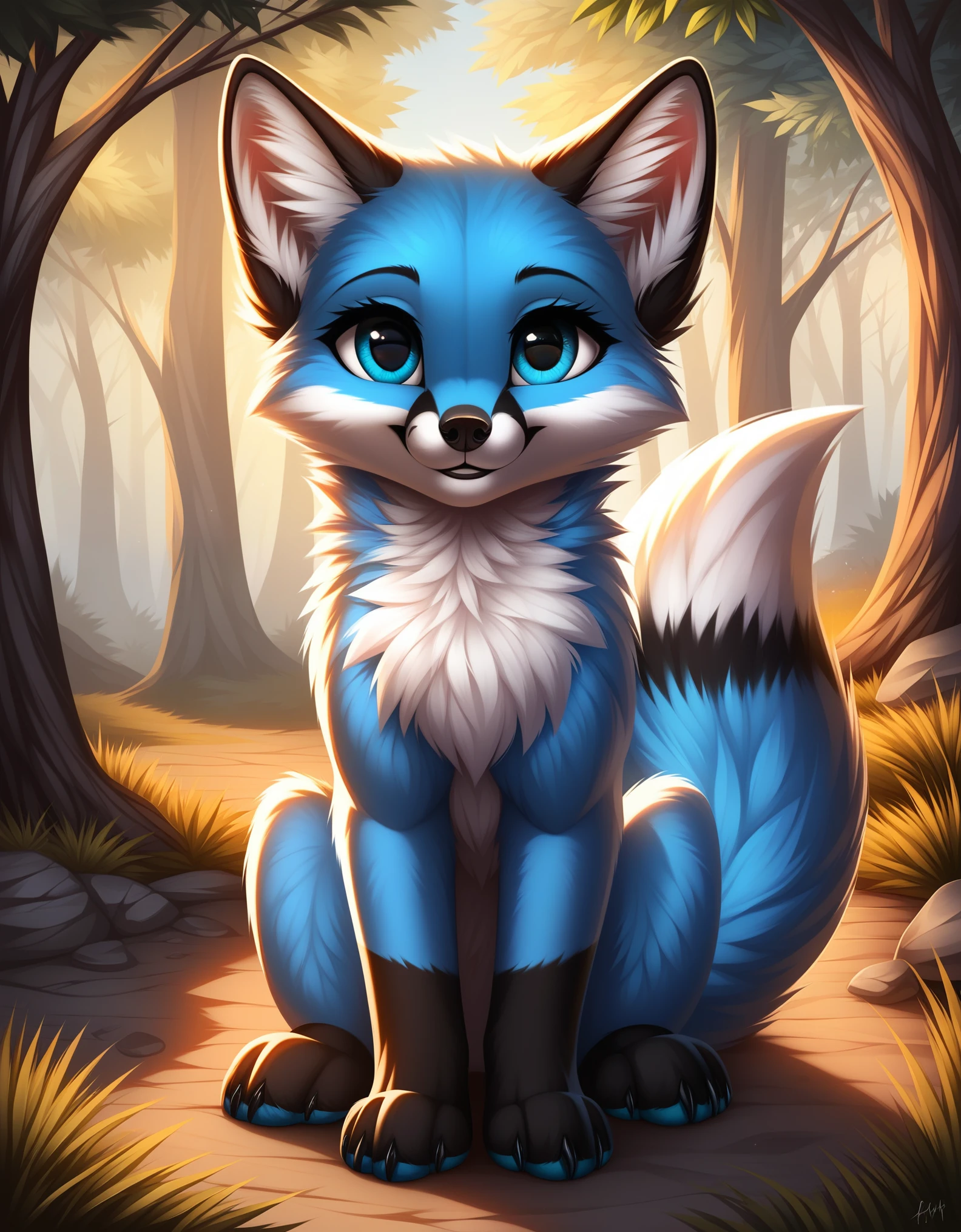 score_9, blue fox, feral, looking at you, sitting, detailed, beautiful, cute, hnnng, daaaaaaaaaaaw, weapons-grade cute, (fluffy:0.5), chest (fluff:0.5), ear (fluff:0.5), cheek (fluff:0.5), fur,