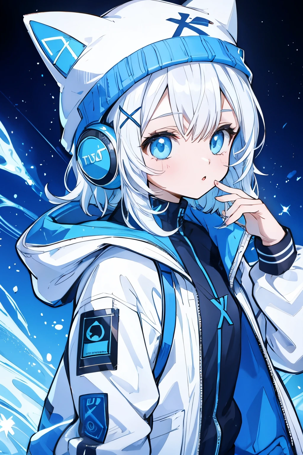 a girl with spiky white hair, bright blue eyes, trendy cat-shaped headphones with light blue accents, a white beanie with an x ​​in the middle, she wears a gray open jacket and jacket with detailed ro