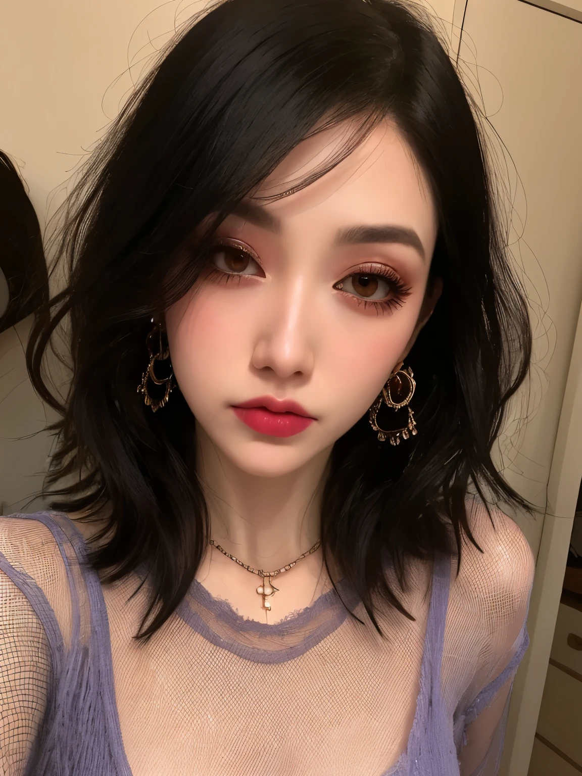 ((best quality)),((masterpiece)),((strikingly beautiful)), mature, 1girl, solo, high quality, masterpiece, skinny, emo, black emo clothing, heavy makeup, purple eyeliner, mascara, eyeshadow, winged eyeliner, blush, lipstick, earrings,
looking at viewer from above, long hair, hair over one eye, hair covering eye, heavy blush, pale skin,
makeup, black hair, long sleeves
straddling, deep blush,
vibrant sunset, blushing, mesh, big necklace, big breasts