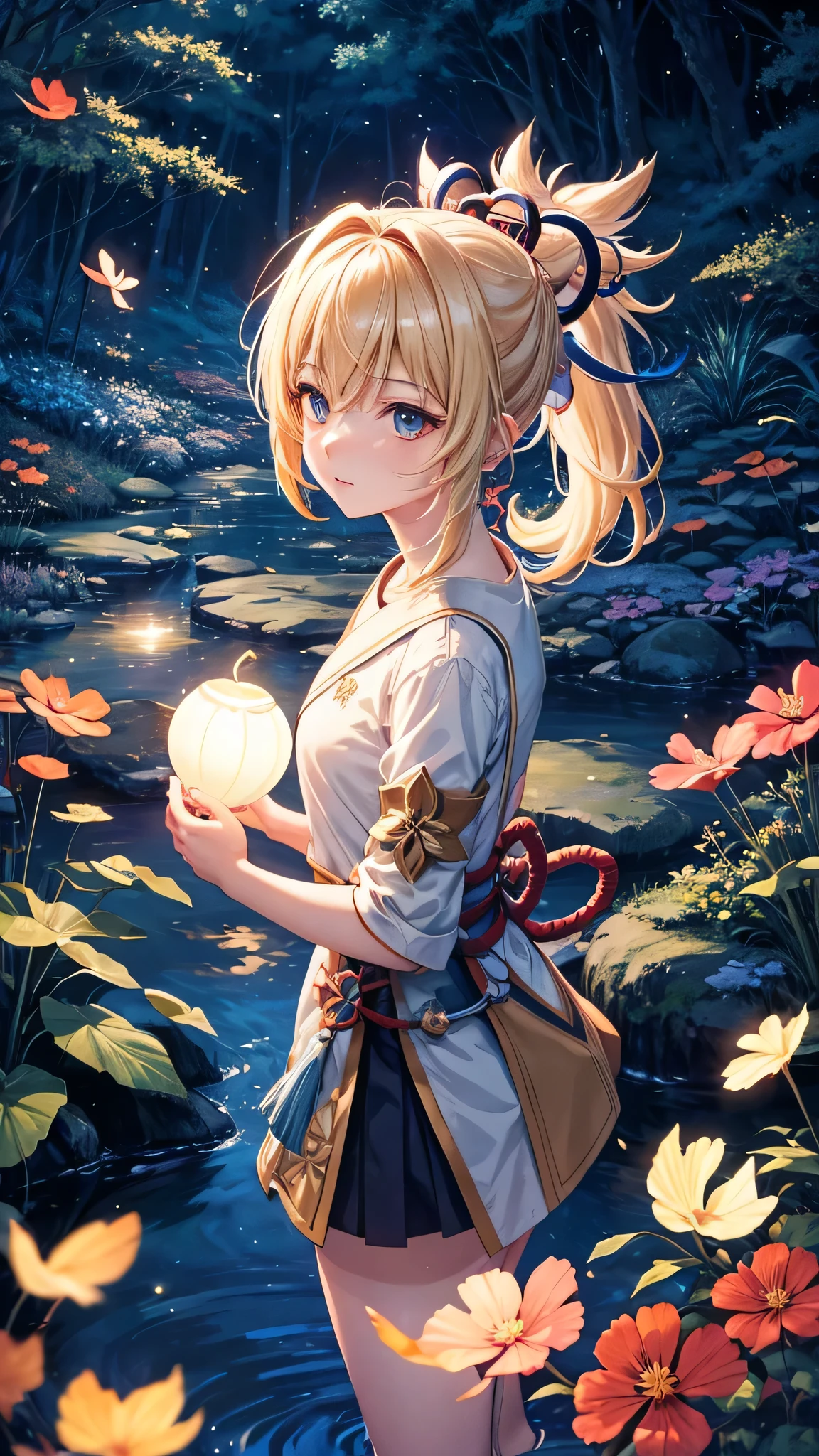 Yoimiya(with blonde ponytail hair) from Genshin Impact anime, standing watching at the night sky at the corner of image, many fireflies, Viral anime nature wallpaper in 4K quality, in the style of digital illustration Inspired by Hayao Miyazaki, featuring a serene forest with towering ancient trees, dappled moonlight filtering through the leaves, a gentle stream flowing through the scene, and mystical creatures peeking from behind the foliage; vibrant and warm color temperature, cosmos lighting with stars twinkling in the sky, the atmosphere is tranquil and enchanting-v5-stylize 1000