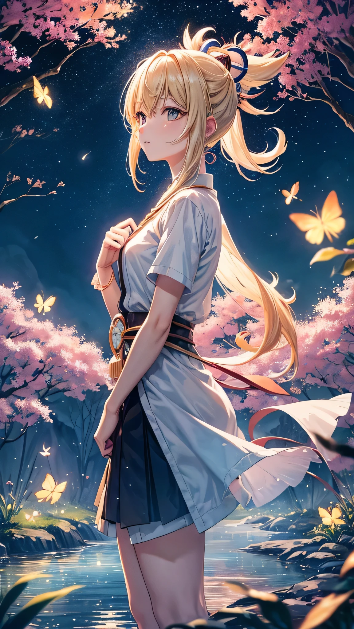 Yoimiya(with blonde ponytail hair) from Genshin Impact anime, standing watching at the night sky at the corner of image, many fireflies, Viral anime nature wallpaper in 4K quality, in the style of digital illustration Inspired by Hayao Miyazaki, featuring a serene forest with towering ancient trees, dappled moonlight filtering through the leaves, a gentle stream flowing through the scene, and mystical creatures peeking from behind the foliage; vibrant and warm color temperature, cosmos lighting with stars twinkling in the sky, the atmosphere is tranquil and enchanting-v5-stylize 1000