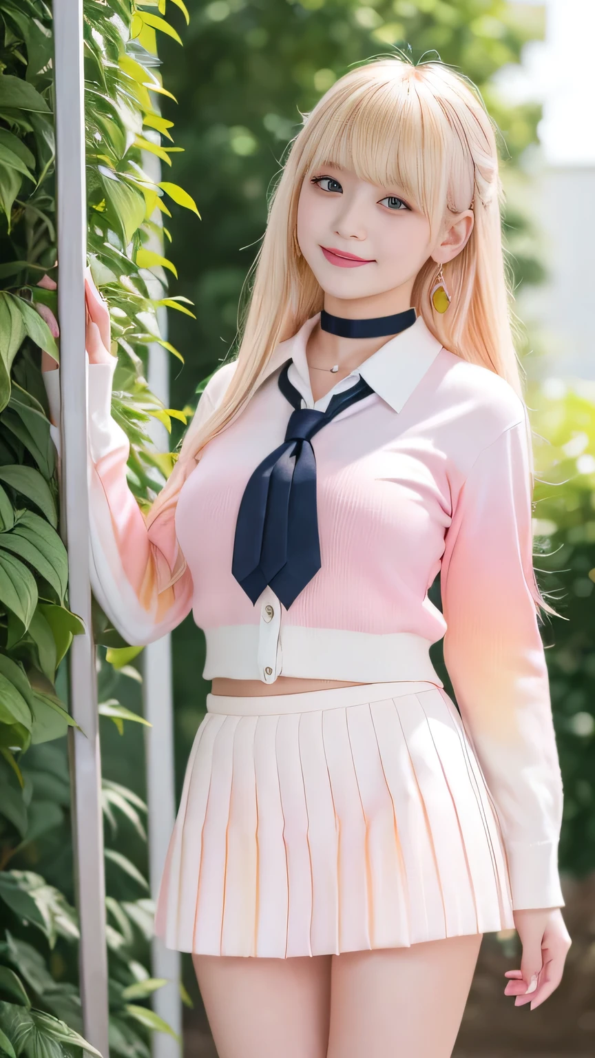 Mix 4, (8k, RAW Photos, Please redeem, masterpiece: 1.45), (Realistic, photoRealistic: 1.37), Kitagawa Marin, (blonde, Pink gradient hair:1.5), ((Long Hair:1.5, Think Bang,Colorful Hair, Red eyes)),(((Indian Style)))、Japanese women, ,、Model body type, (Big Breasts:1.1), Narrow waist, Beautiful Face, Beautiful Eyes, , jewelry,Earrings, White shirt, Shirt with tie, Black Choker, Blue tie, Check skirt, White panties、Green, smile, Standing, Cowboy Shot, School Garden、expensive, 1 girl, Alone, Detailed face and eyes, Full body photo、Firing knitted clothes、Pichi Pichi