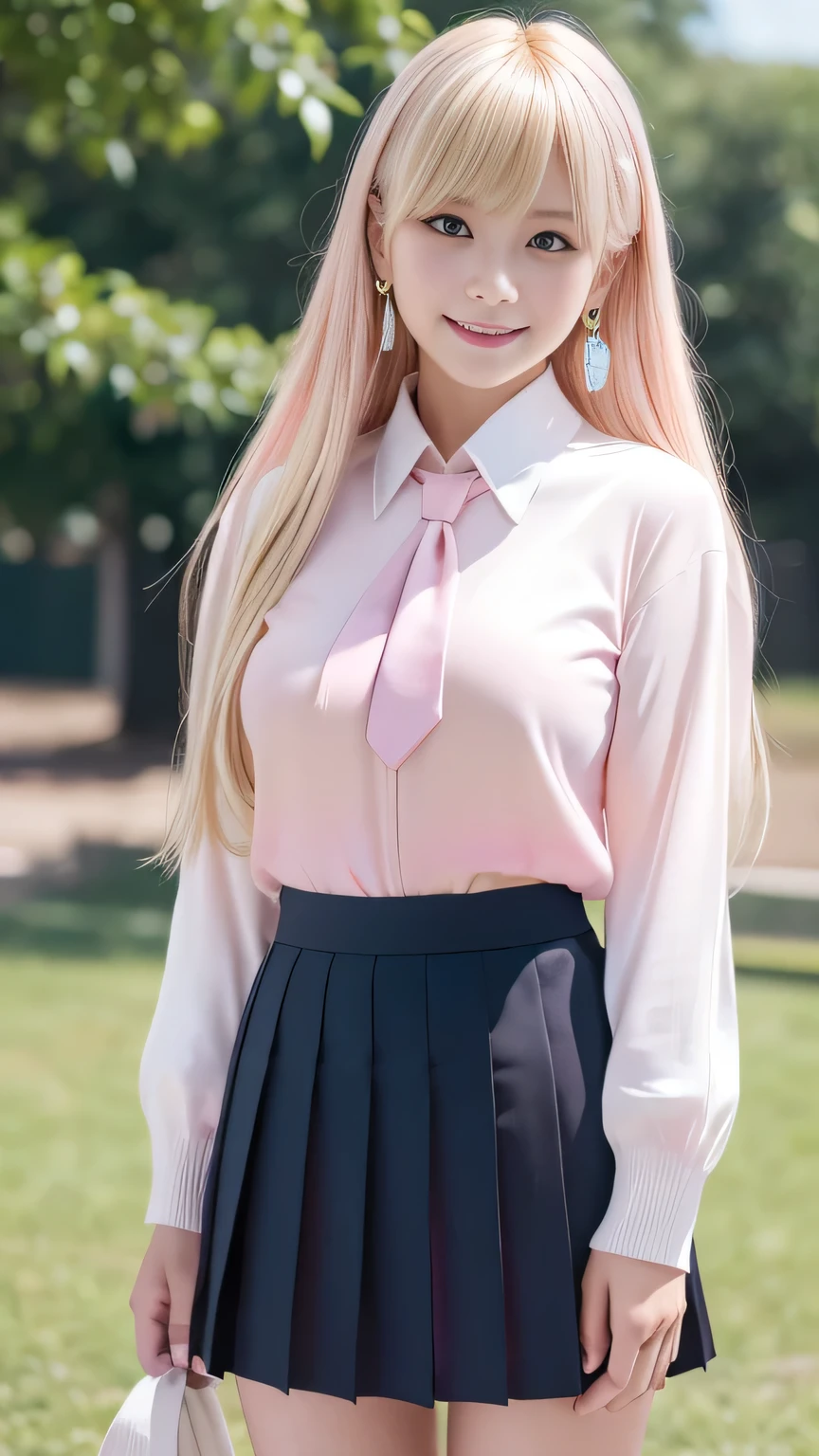 (masutepiece: 1.3), Best Quality, Ultra High Resolution, 1girll, (huge tit:1.1), (Yellow hair, Blonde hair, Hair Ornament, sparking eyes, star on eye, (star on right eye:1), ((Girl Ruby Hoshino)) perfect eyes, Have a very sexy body, Full chest and thin waist, And a very sexy body, Black vest, sox, Brown Footwear, Bow, School uniform, shoes, Jacket, White socks, a bow tie, Casual Shoes, pink bows, Gray skirt, Blue jacket, Open jacket, Shirt, White skirt , White shirt, Long sleeves, , Has a bold look. 年轻, quality, ultra high detail, Realistic, cute expression, Shy smile, Calm, Street, The city, (Sit down)