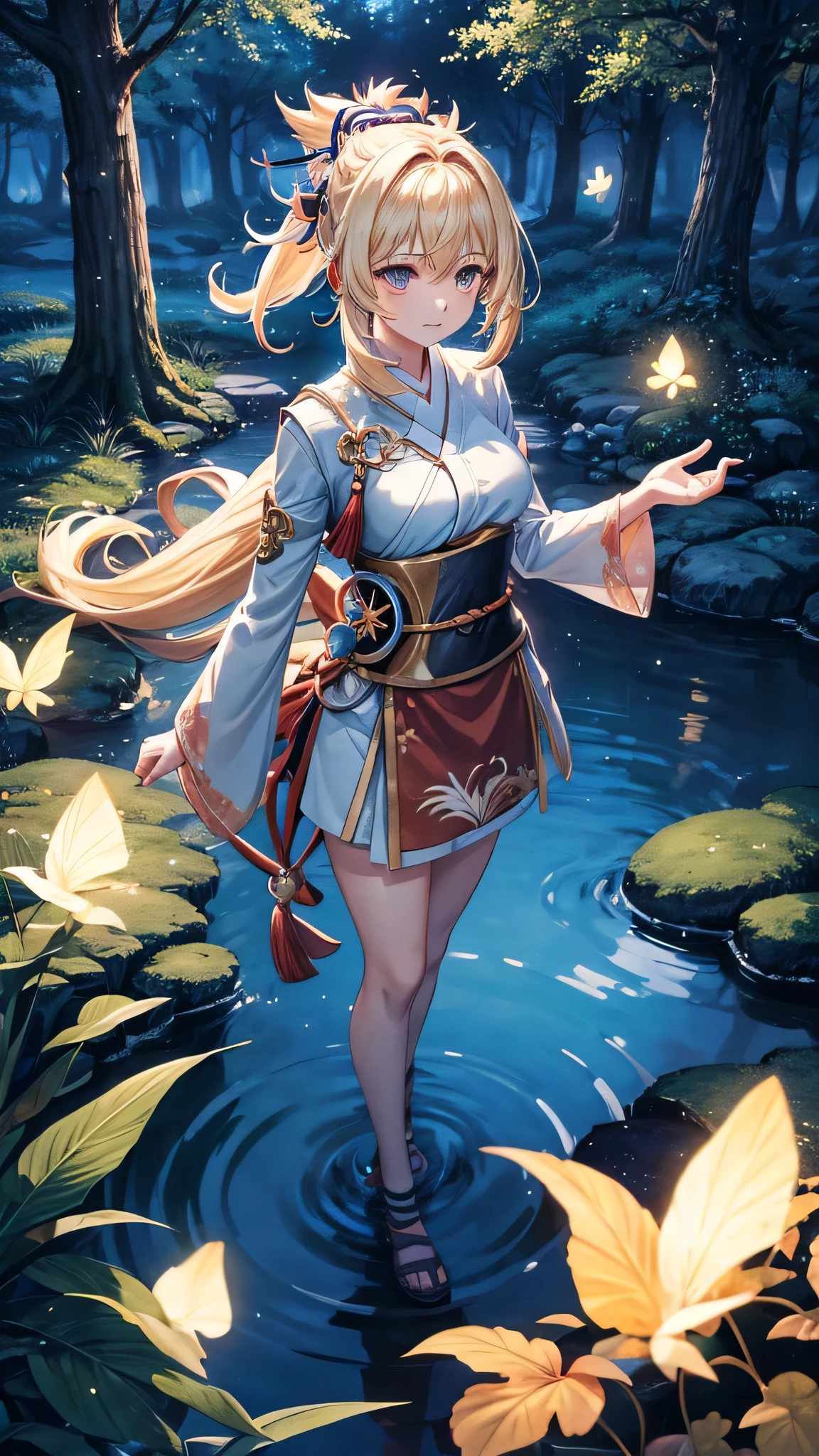 Yoimiya(with blonde ponytail hair) from Genshin Impact anime, standing watching at the night sky at the corner of image, many fireflies, Viral anime nature wallpaper in 4K quality, in the style of digital illustration Inspired by Hayao Miyazaki, featuring a serene forest with towering ancient trees, dappled moonlight filtering through the leaves, a gentle stream flowing through the scene, and mystical creatures peeking from behind the foliage; vibrant and warm color temperature, cosmos lighting with stars twinkling in the sky, the atmosphere is tranquil and enchanting-v5-stylize 1000