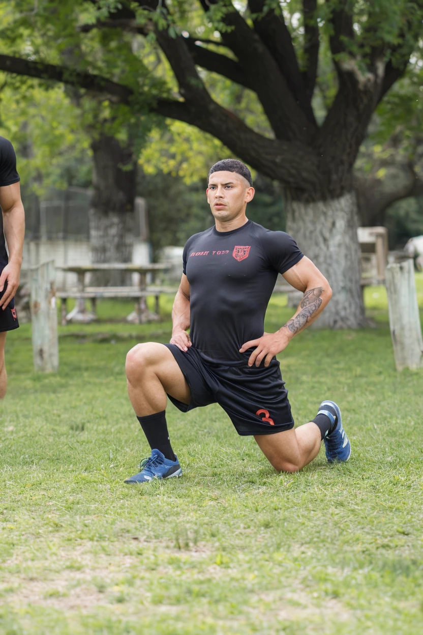 4K High quality photograph, (realistic), 26yo old man dg_ShawnPyfrom is about to step on a black and white soccer ball, He is visibly exhausted and (sweaty) but (his eyes are wide open) He is looking at the viewer, Mildly smirking, He is wearing a gray sporty t-shirt and shorts, Sweat is dripping down his face, His clothes are soaked in sweat, The weather outside is ((overcast dark and cloudy)), He is standing on gravel, Barefoot, <lora:dg_ShawnPyfrom:0.9>, <lora:Clothing - Wet Clothes:0.67>