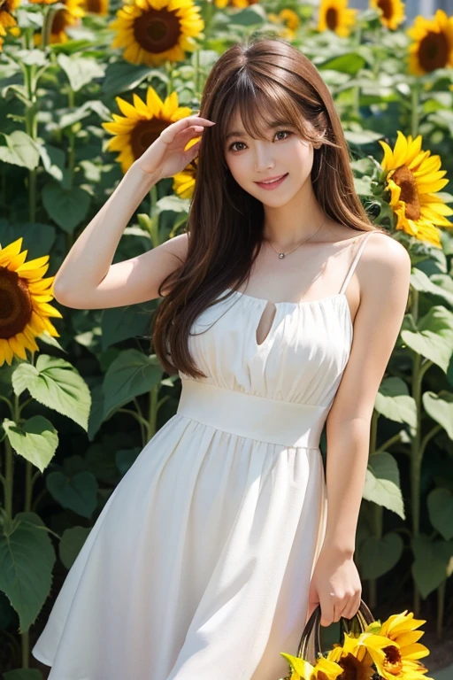 Tabletop, Highest quality, Very detailed, In detail, High resolution, 8k wallpaper, Beautiful big eyes,Black-haired、17 years old, Slender body、爽やかなsmile、Shows the whole body down to the waist、Very beautiful face,Very well-formed face、With sunflowers in the background、Beautiful girl wearing a sleeveless dress、smile、