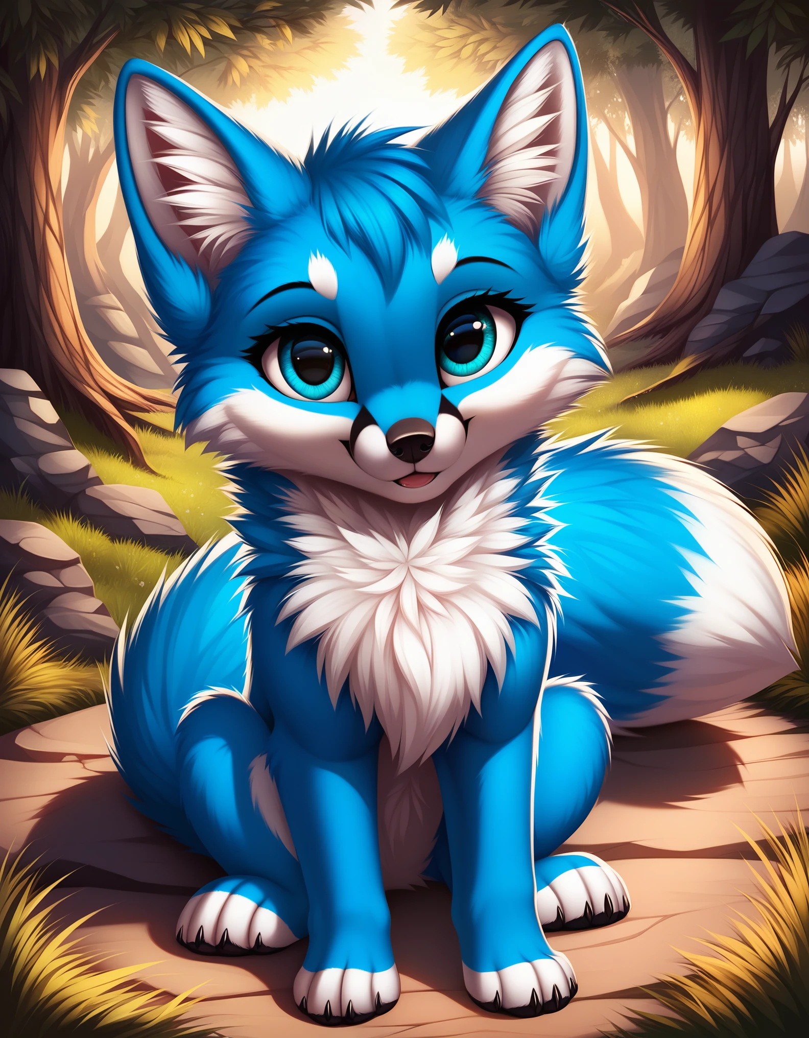 score_9, blue fox, feral, looking at you, sitting, detailed, beautiful, cute, hnnng, daaaaaaaaaaaw, weapons-grade cute, fluffy, chest fluff, ear fluff, cheek fluff, fur,