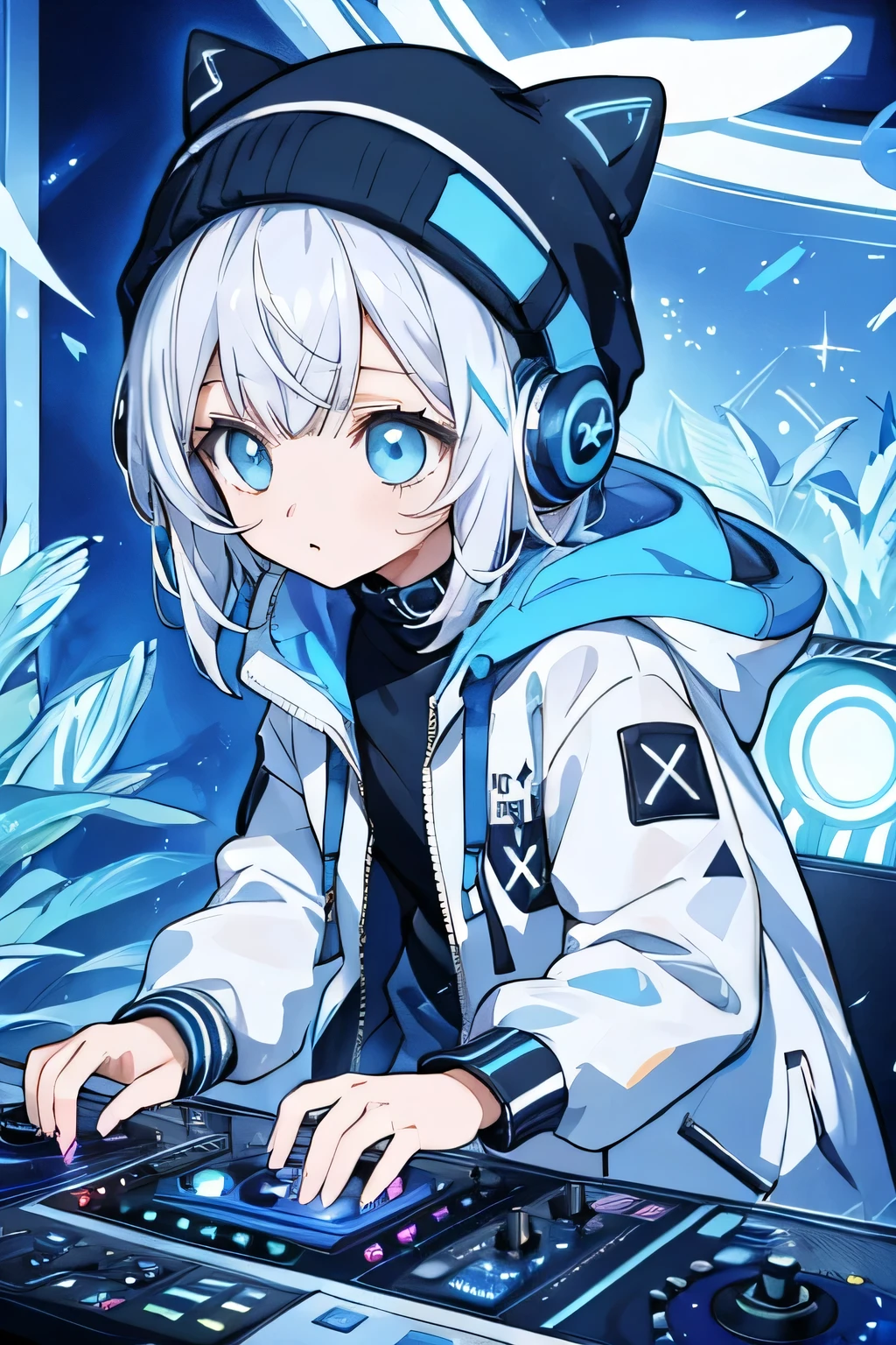 a girl with spiky white hair, bright blue eyes, trendy cat-shaped headphones with light blue accents, a white beanie with an x ​​in the middle, she wears a gray open jacket and jacket with detailed ro DJ TWIWAVE 