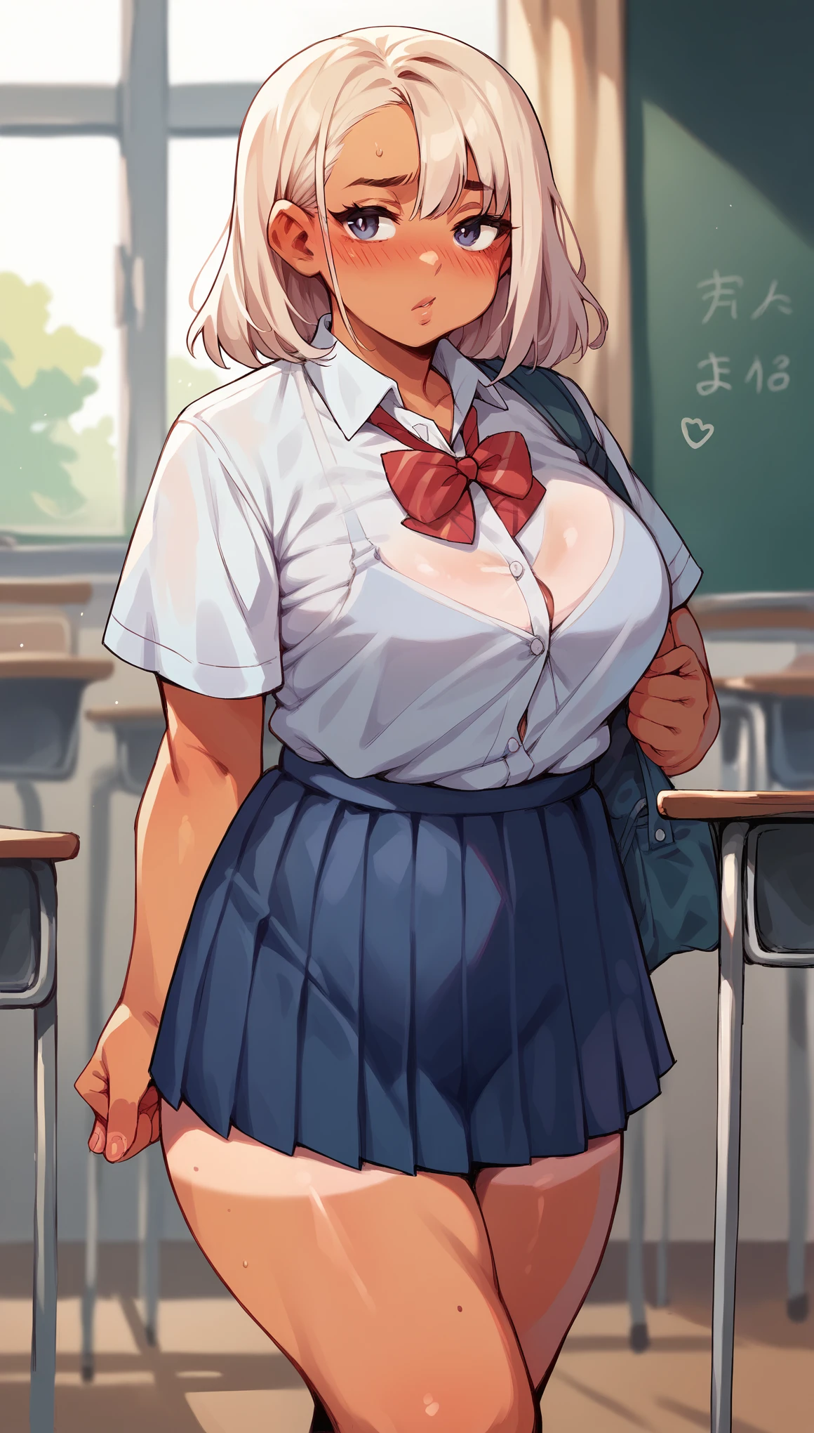 Imagen estilo anime NSFW de una chica de cabello gris su cabello esta muy desordenado, short stature and very small breasts, big thighs and big ass, she wears a very tight schoolgirl uniform and is in a classroom blushing and laughing in a perverted way while her legs are full of white semen 