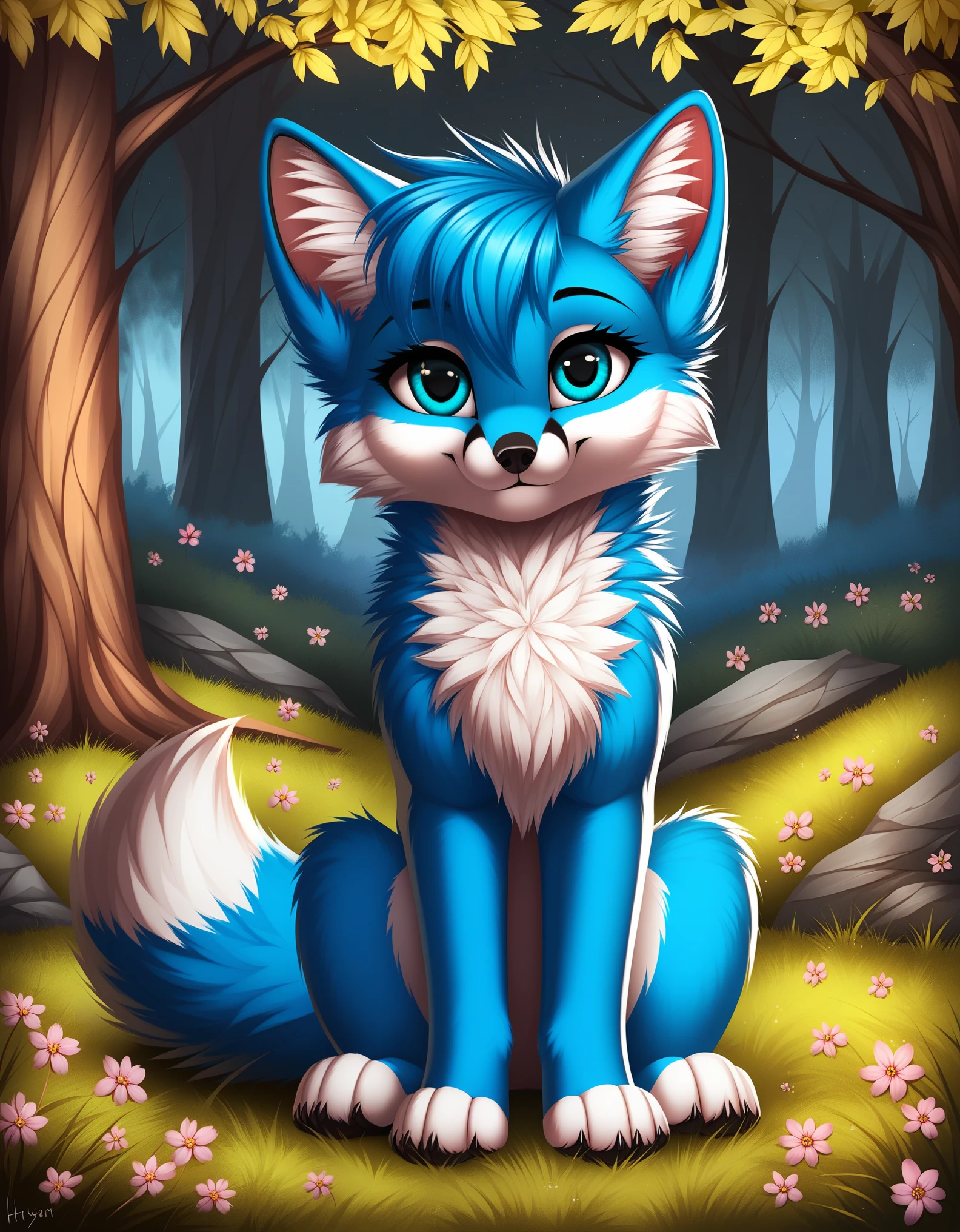 score_9, blue fox, feral, looking at you, sitting, detailed, beautiful, cute, hnnng, daaaaaaaaaaaw, weapons-grade cute, fluffy, chest fluff, ear fluff, cheek fluff, fur,