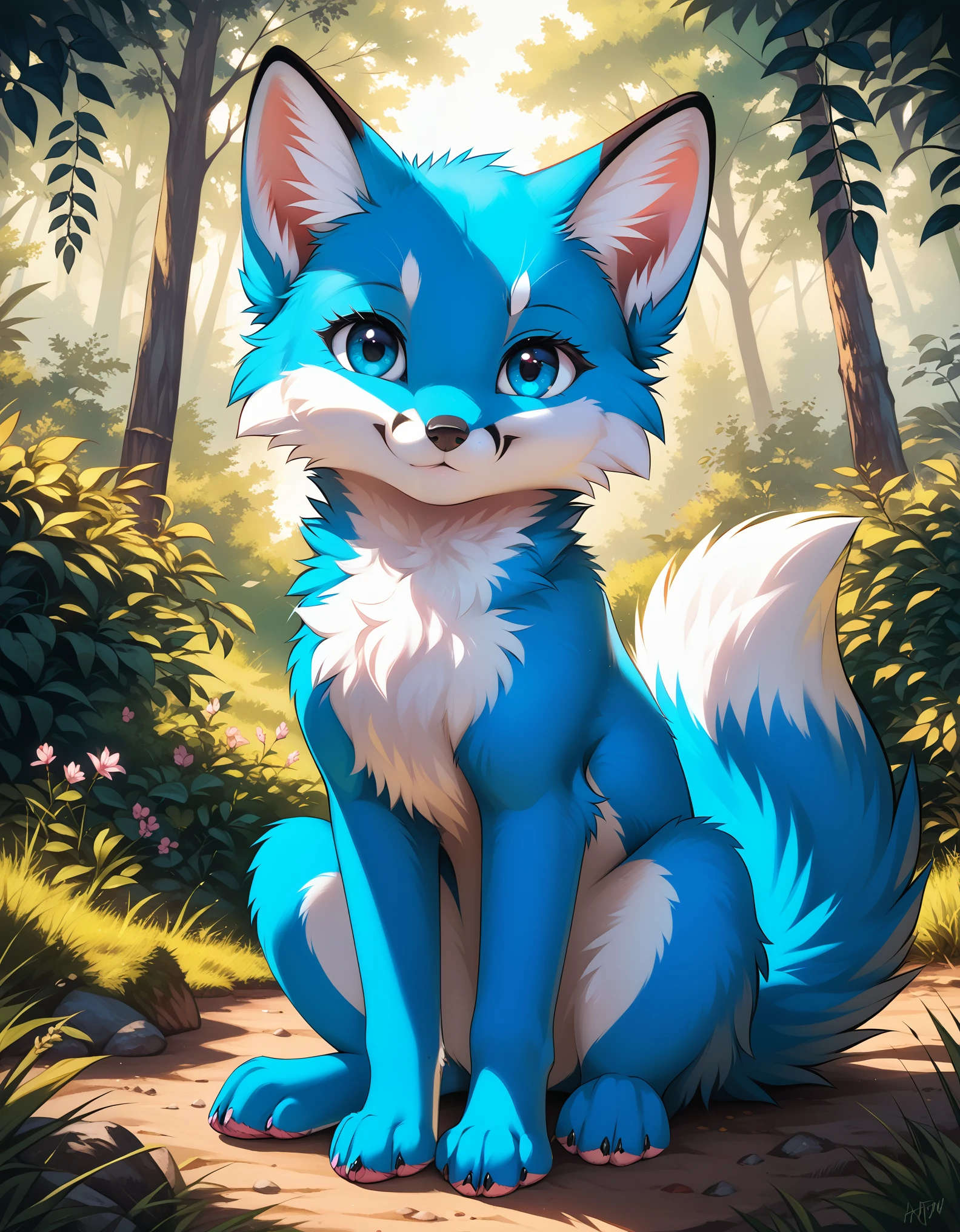 score_9, blue fox, feral, looking at you, sitting, detailed, beautiful, cute, hnnng, daaaaaaaaaaaw, weapons-grade cute, fluffy, chest fluff, ear fluff, cheek fluff, fur,