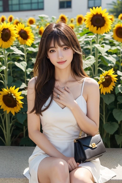 Highest quality　masterpiece　detailed　Very pretty woman standing in front of yellow roses on a yellow background　smile　Photo style　Real　Yellow World　dramatic　Fantasy