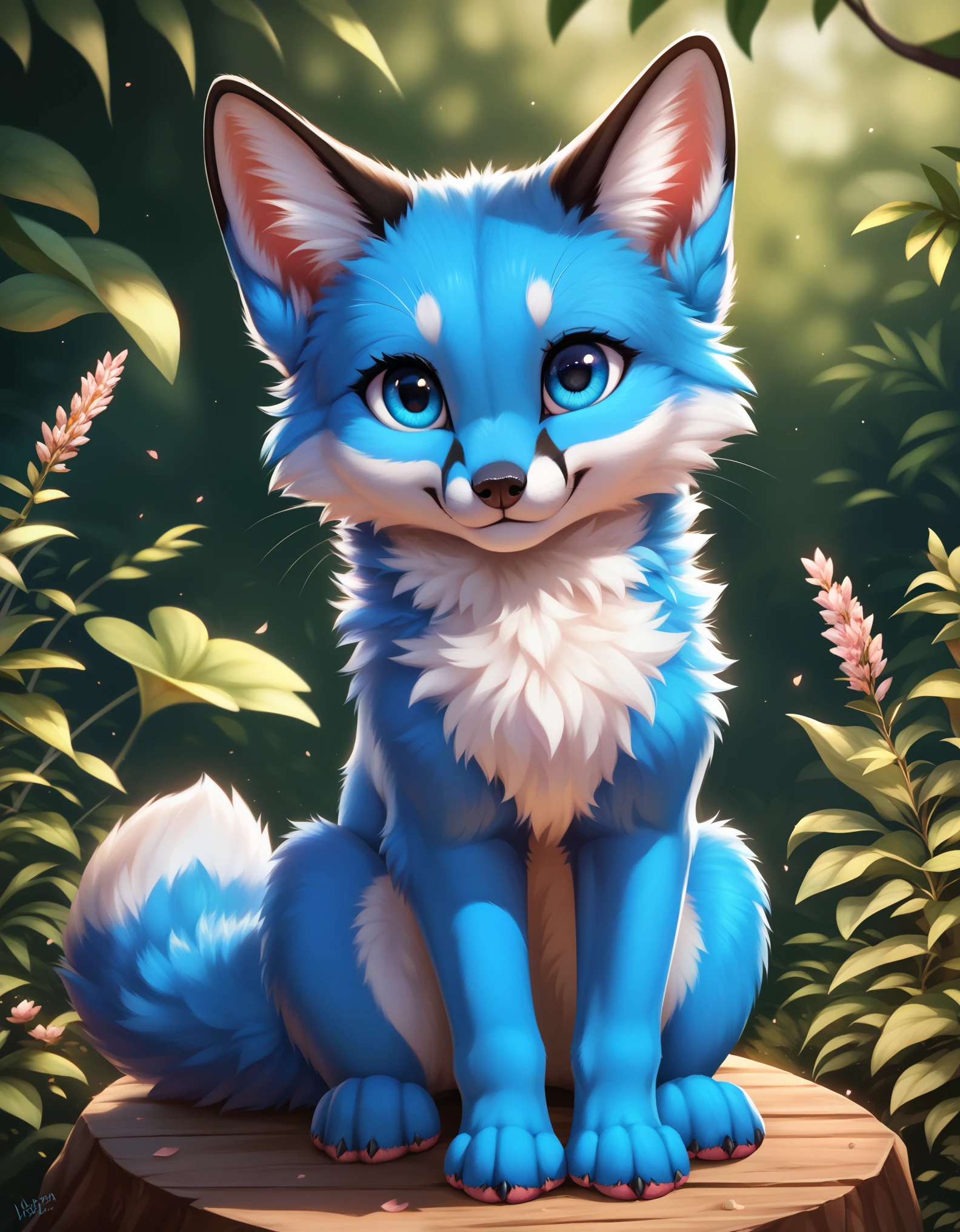 score_9, blue fox, feral, looking at you, sitting, detailed, beautiful, cute, hnnng, daaaaaaaaaaaw, weapons-grade cute, fluffy, chest fluff, ear fluff, cheek fluff, fur,