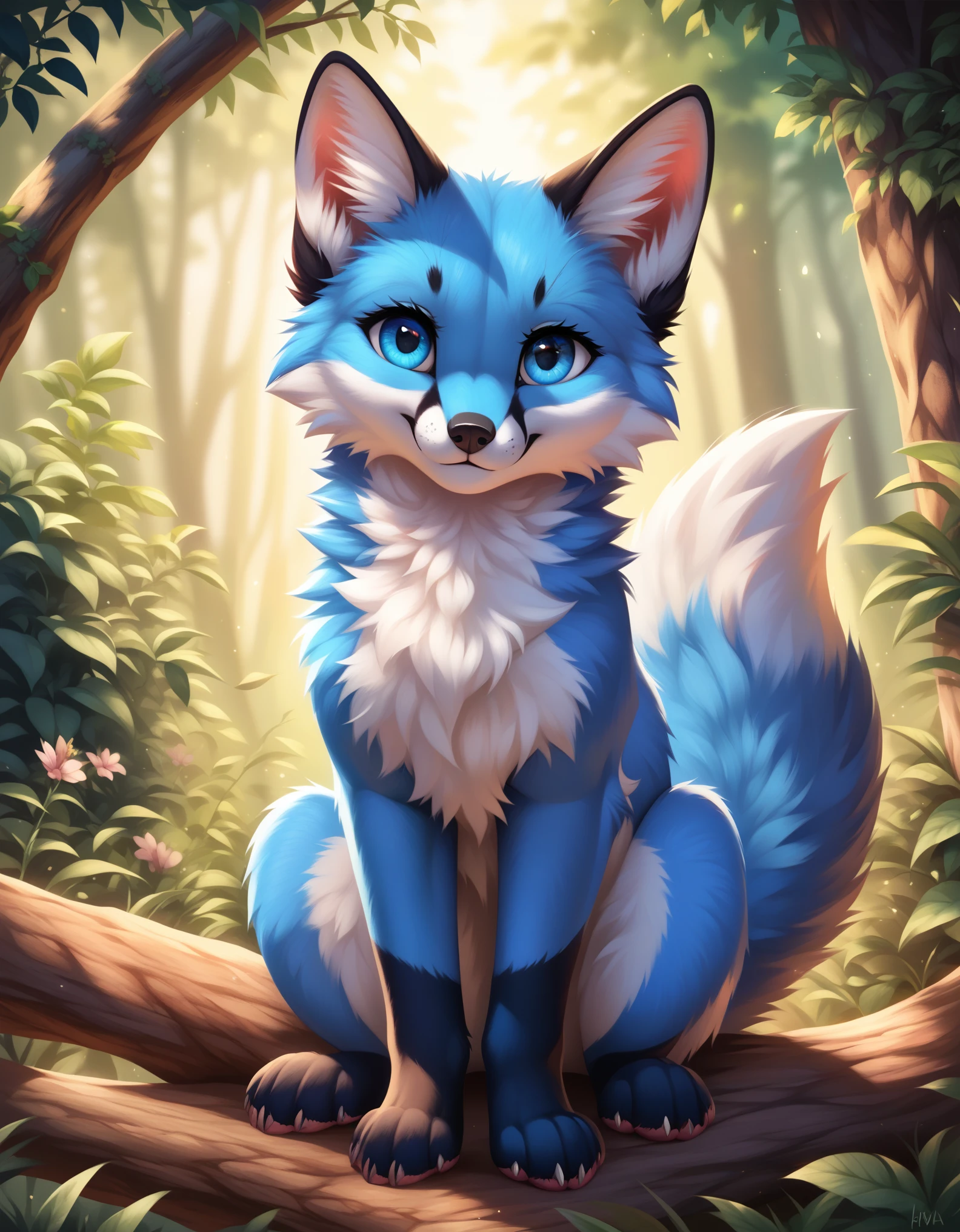 score_9, blue fox, feral, looking at you, sitting, detailed, beautiful, cute, hnnng, daaaaaaaaaaaw, weapons-grade cute, fluffy, chest fluff, ear fluff, cheek fluff, fur,