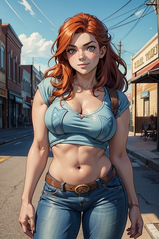 (Masterpiece, Best Quality, High Quality),(NSFW:1.3),Nishikino maki, Red hair, purple eyes, cowboy shot,low waisted pants, tight ,(sweater crop top), (sexy stomach), detailed belly, midriff, big breasts,looking at viewer,  earrings,in street