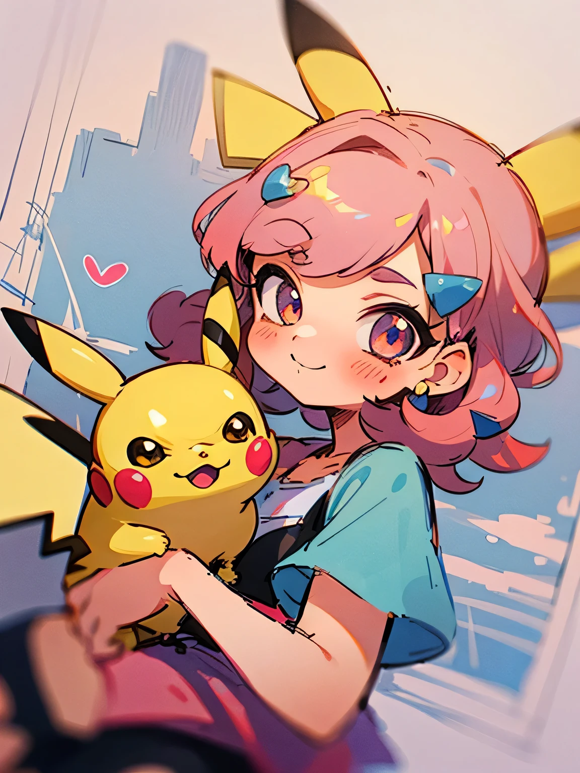 sideview,(Chibi),Alone,pink wavy hair,very short blunt bangs,harajuku fassion,break,(hold on pikachu:1.3),Cute pose、heart、star、Fancy mood、Detailed city depiction,(manga style),(sketch),(illustration),