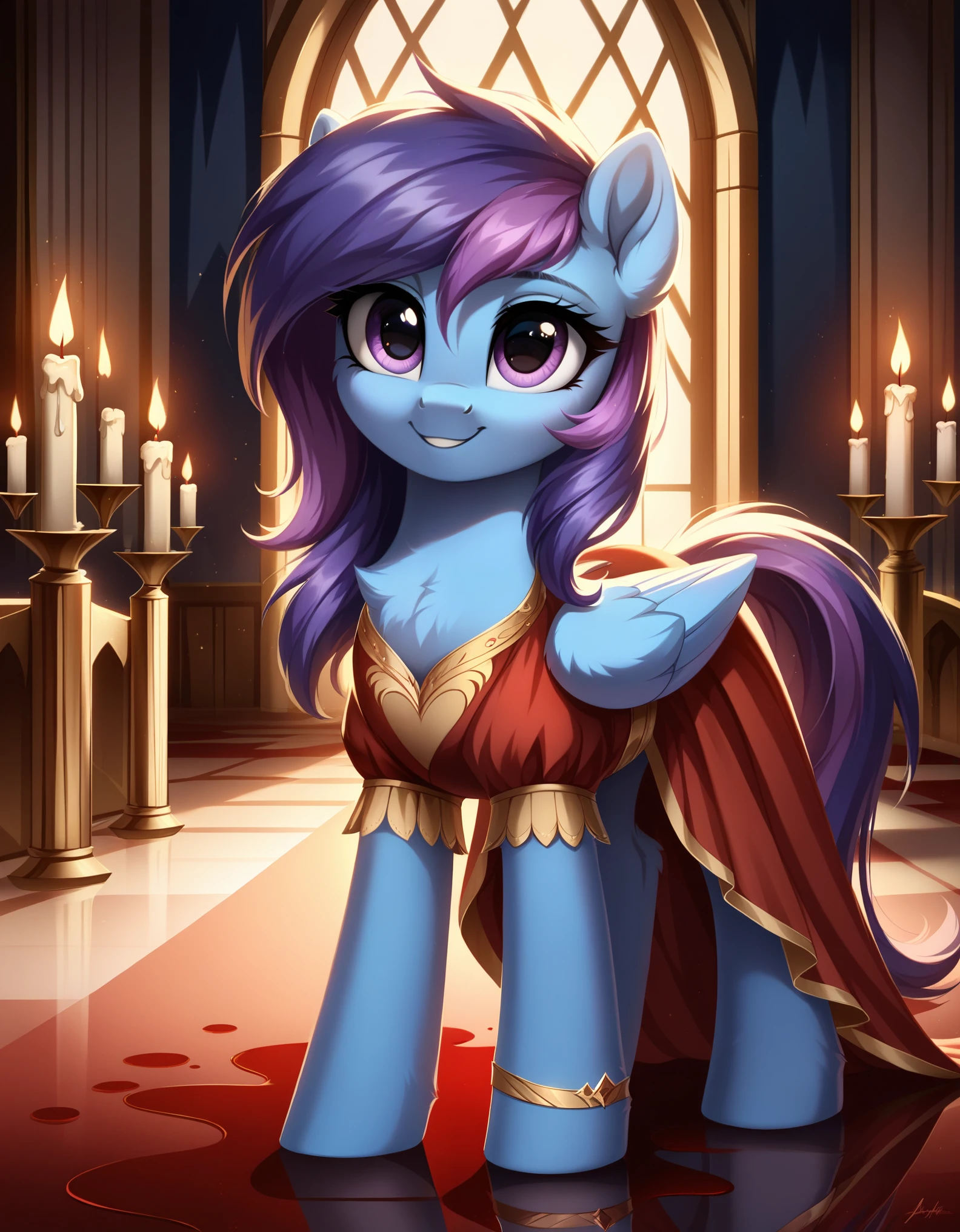 score_9, indoors, castle, candles, reflective floor, pony, mare, pegasus, detailed, beautiful, cute, hnnng, daaaaaaaaaaaw, weapons-grade cute, (fluffy:0.5), chest (fluff:0.5), ear (fluff:0.5), cheek (fluff:0.5), fur, rating_safe, blue fur, purple mane, dress, night