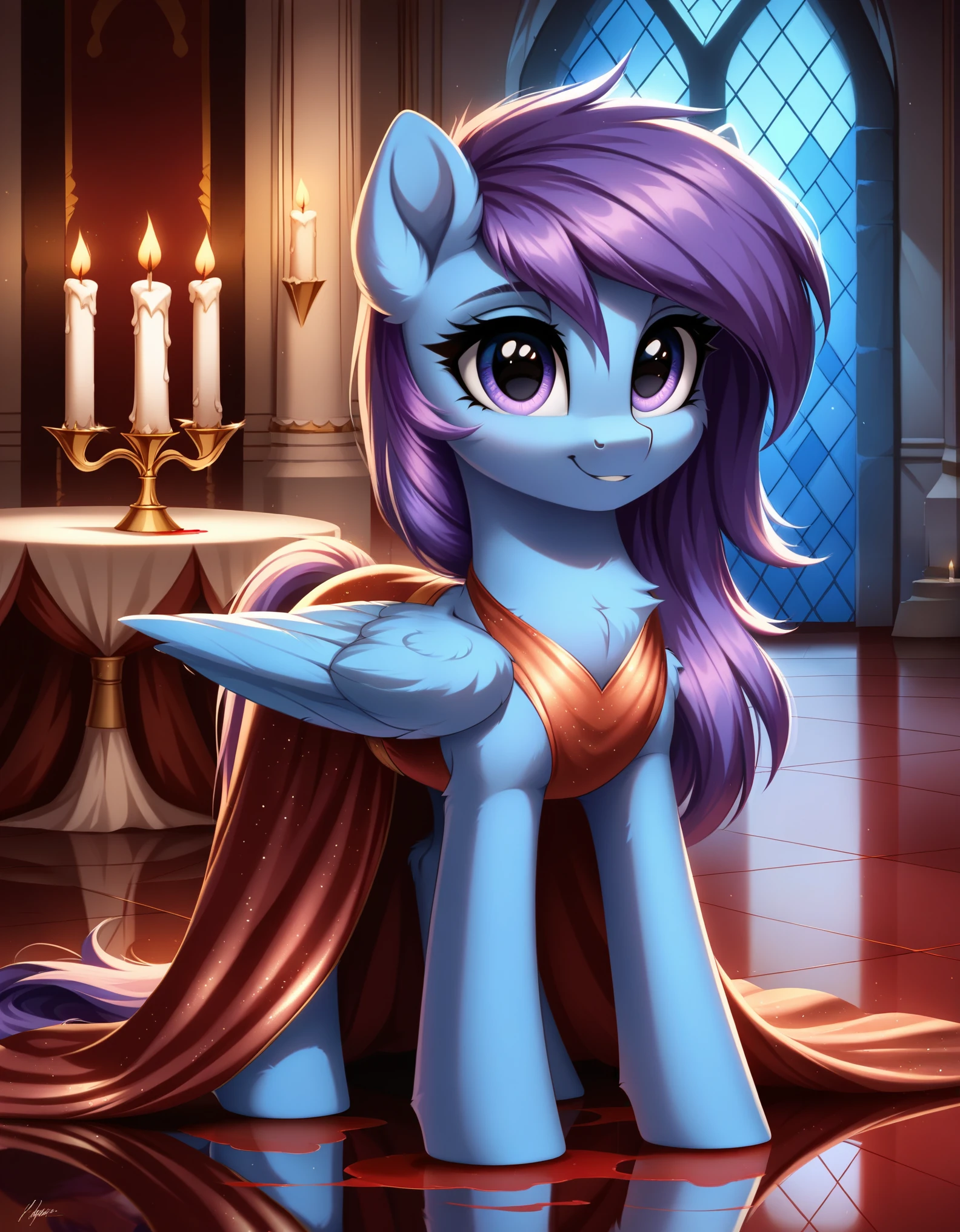 score_9, indoors, castle, candles, reflective floor, pony, mare, pegasus, detailed, beautiful, cute, hnnng, daaaaaaaaaaaw, weapons-grade cute, (fluffy:0.5), chest (fluff:0.5), ear (fluff:0.5), cheek (fluff:0.5), fur, rating_safe, blue fur, purple mane, dress, night