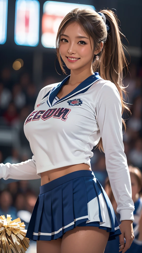 (8k,Ultra-high resolution,Highest quality,masterpiece,Realistic,Ultra-high resolution,High-quality RAW color photos,Professional photos,Realistic,Realistic),Natural skin texture,Fine skin,Hyperrealism,Intricate details,Adult women,Eye highlights.Lip gloss,Glossy Lips,(Cute smile,Semi-long hair,Dark blonde hair,bangs),((gigantic breast,Big Breasts)),(azure and yellowチアリーダー,cheer leading,mini skirt,face focus,sneakers),Arena,dynamic dance,((Panty shot,full body,spread legs,support))