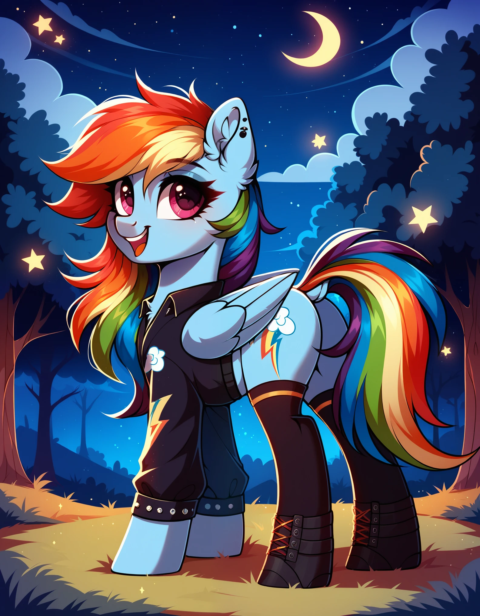 score_9, score_8_up, score_7_up, (rating_safe), solo, pony, rainbow dash, cute, adorable, wearing emo clothes, looking up, wing fluff, smiling, happy, full body, solo,g4,butt,crescent moon,digital art,dock,ear fluff,ethereal mane,2d, base, full body, full reference,piercings, curly hair, mlp style, pony fluffy, night, forest, galaxy, sky, stars, pencil sketch