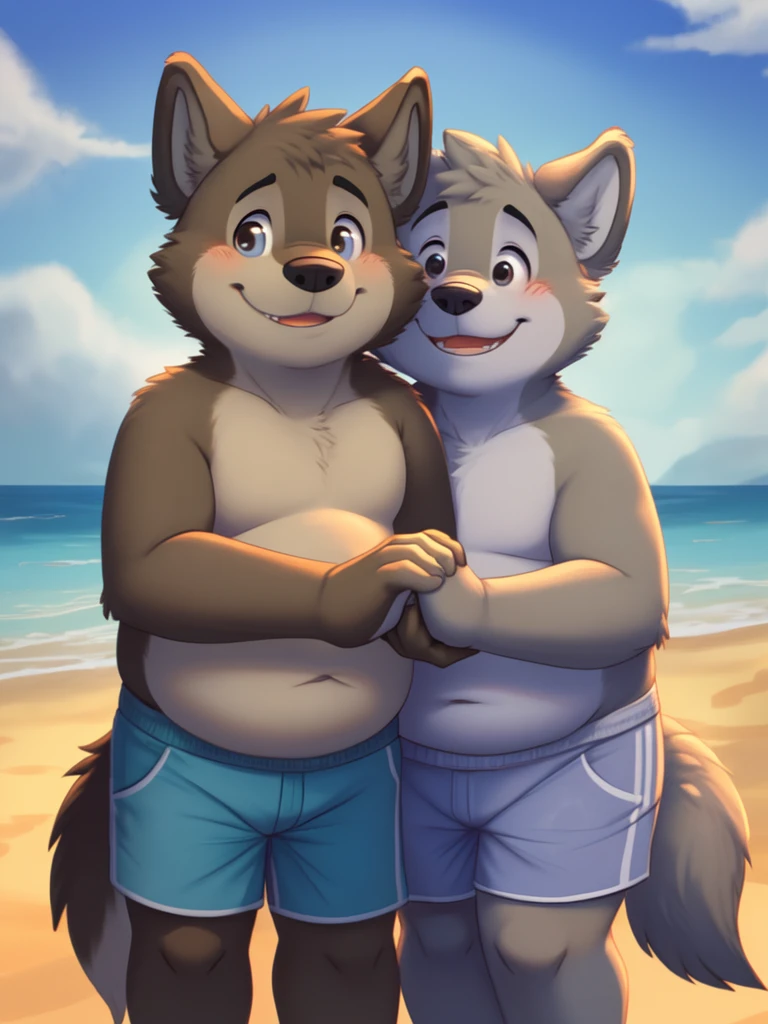 young, ((Brown Wolf)), chubby, Gray teddy bear, gay, chubby, 2boys, tender, shirtless, shorts, playa, holding hands, shy, mischievous, happy