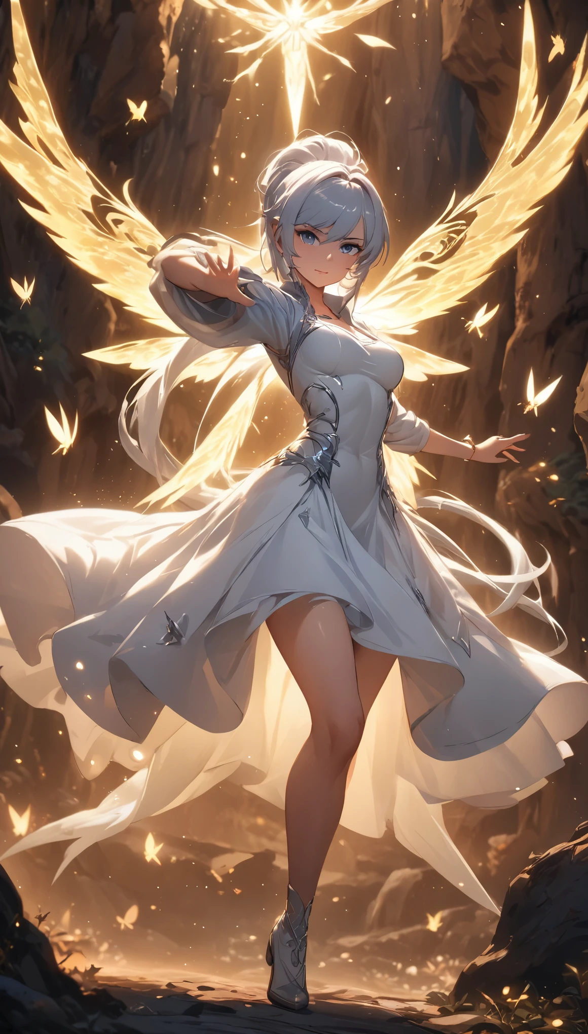 1girl,solo,Weiss Schnee,/(RWBY/),fantasy setting, etherial light,dynamic pose,croped jacket,action pose,full body,magical atmosphere, magical circle around her arm,night time,deph of field,(masterpiece:1.3), (best quality:1.3),looking at viewer,light particles,soft light,light break,dynamic particles,light parade,(absudres:1.1),(SuperQuality:1.0) ~ (SuperQuality:1.2),white dress, cave,nightmare cave,flying moths,crystall light, anatomy corrected