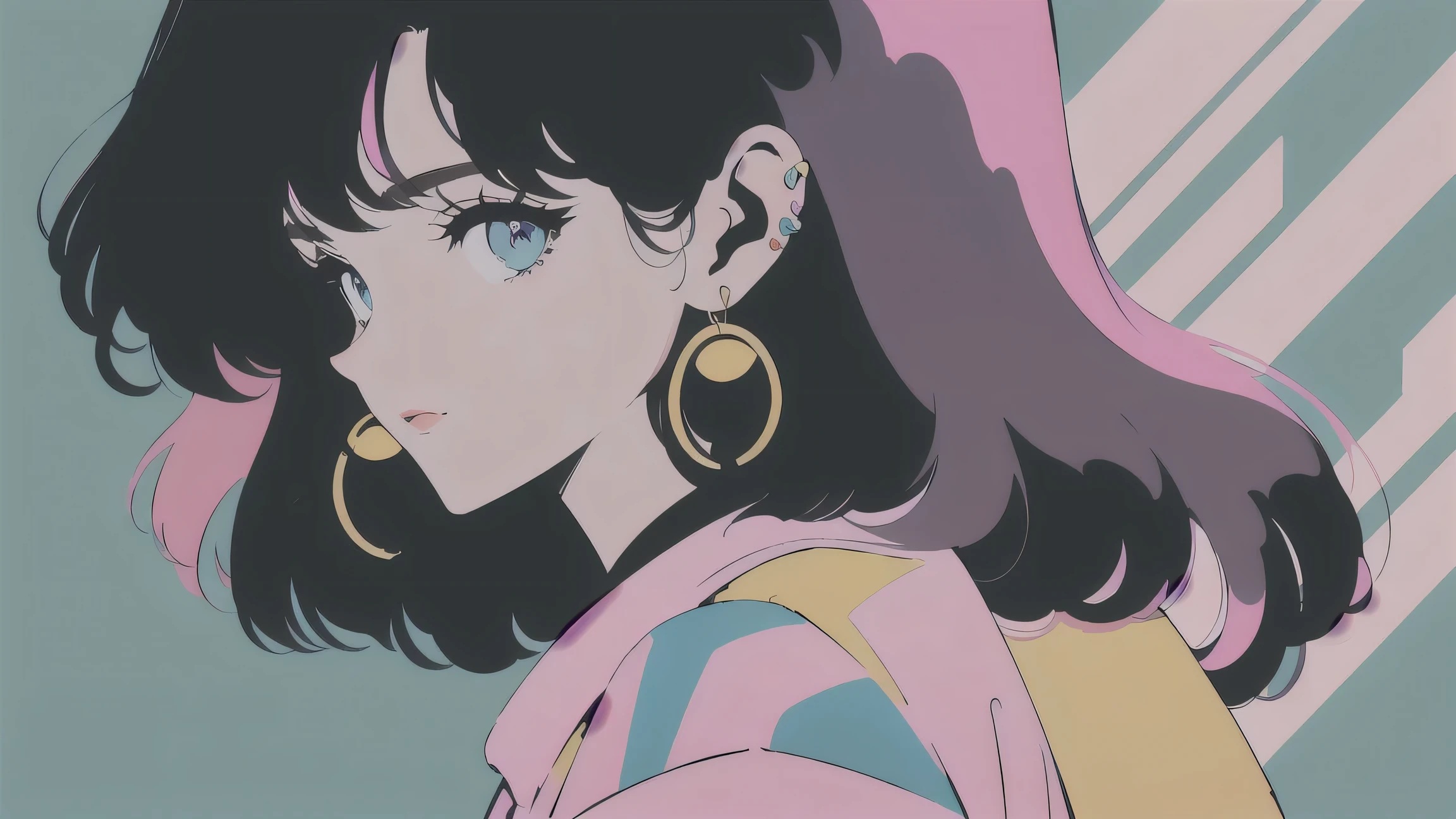 Fluffy hair, Bangs, Oversized Jackets, Bright pink jumpsuit, Big earrings, Retro anime style, 90s aesthetic, 2000s Millennial Technology, Retro Sci-Fi, Lovely masterpiece, high resolution, Super detailed, Realistic lighting, Vibrant colors, Bokeh.