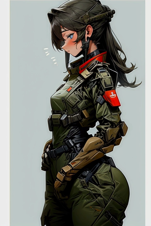 Create a female soldier, with human military clothing, only made of iron