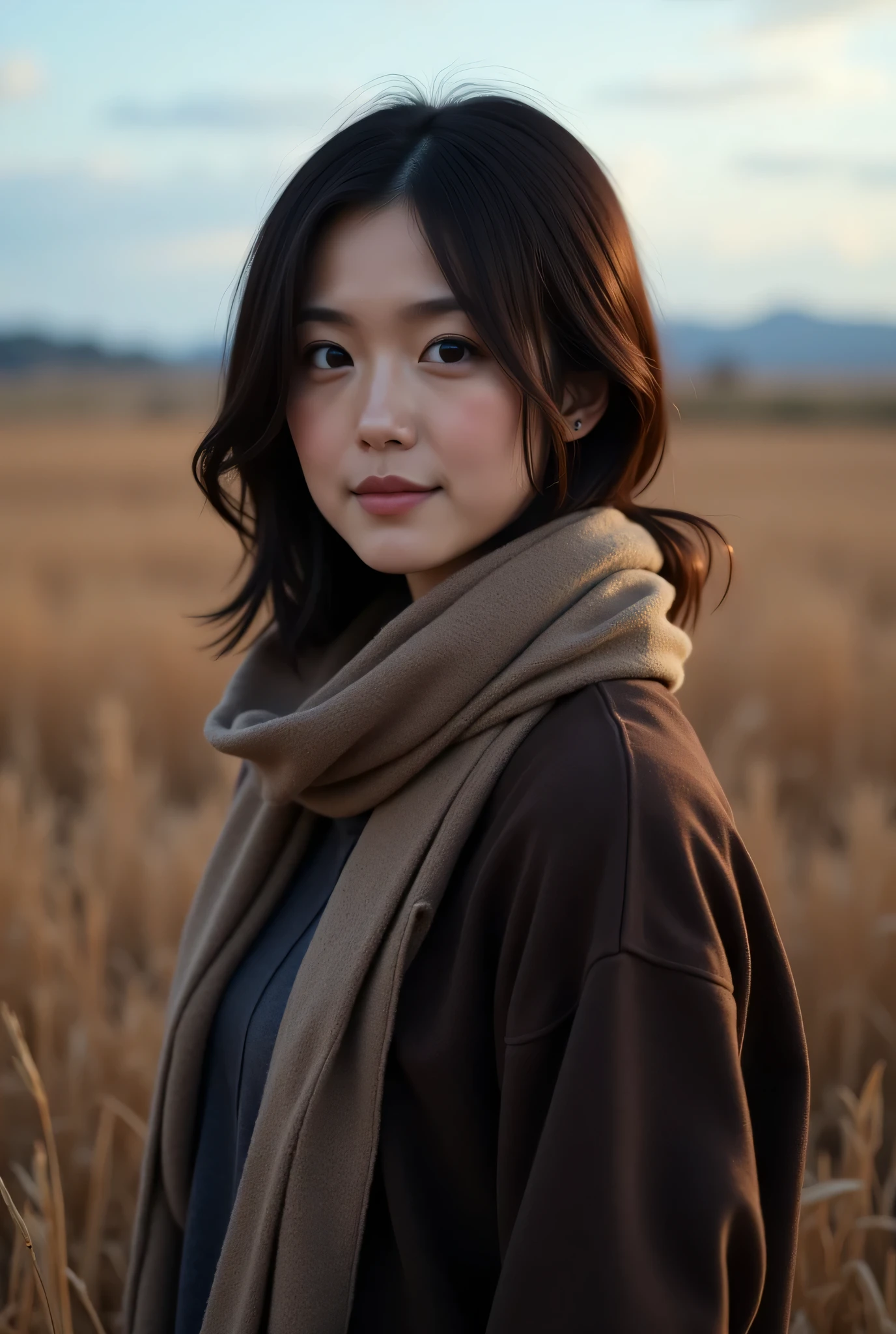 8k, best quality, masterpiece, realistic, ultra detail, photo realistic, quality enhancement, east asian girl standing in field with scarf, dark brooding designer style, massive mass, , calm face, jagged edges, navy, natural beauty, neon,. Luminescent light