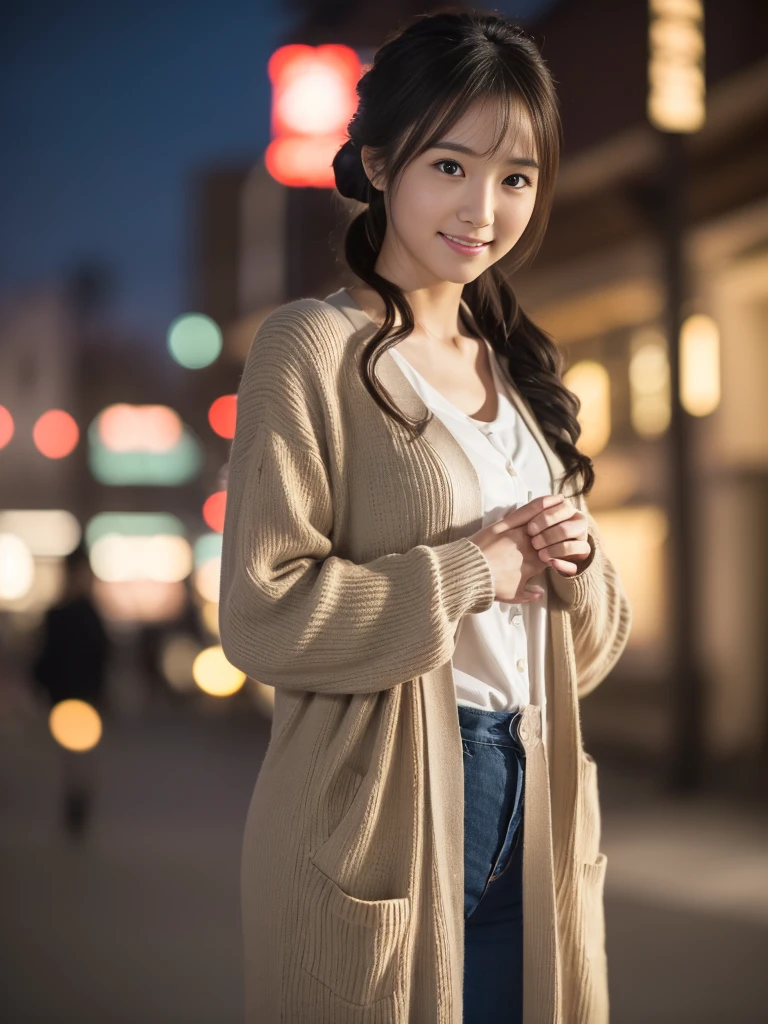 Full Body Shot, (Late-night secret meeting)
break, 
(Long cardigan:1.2), (Hold your butt:1.2), 
break, 
View your viewers, Japanese female university student, (One Woman:1.2), She is very beautiful, Glowing Skin, Perfect Face, Cute and symmetrical face, Slender figure, 
break, 
((Updo:1.2)), Medium Hair, Wavy Hair, Makeup, 
break, 
((Outdoor:1.4)), (Night view), (Captivating smile:1.2), (8k, RAW Photos, Best Quality, masterpiece:1.2), (Realistic, Photorealistic:1.4), Very detailed, Shallow depth of field, Beautiful Hair, Beautiful Face, Beautiful attention to detail, Real Skin, Beautiful fingers, Perfect Anatomy, Perfect legs, Perfect hands, Perfect Eyes, Perfect body, double eyelid, (Natural Side Lighting, Cinema Lighting), 